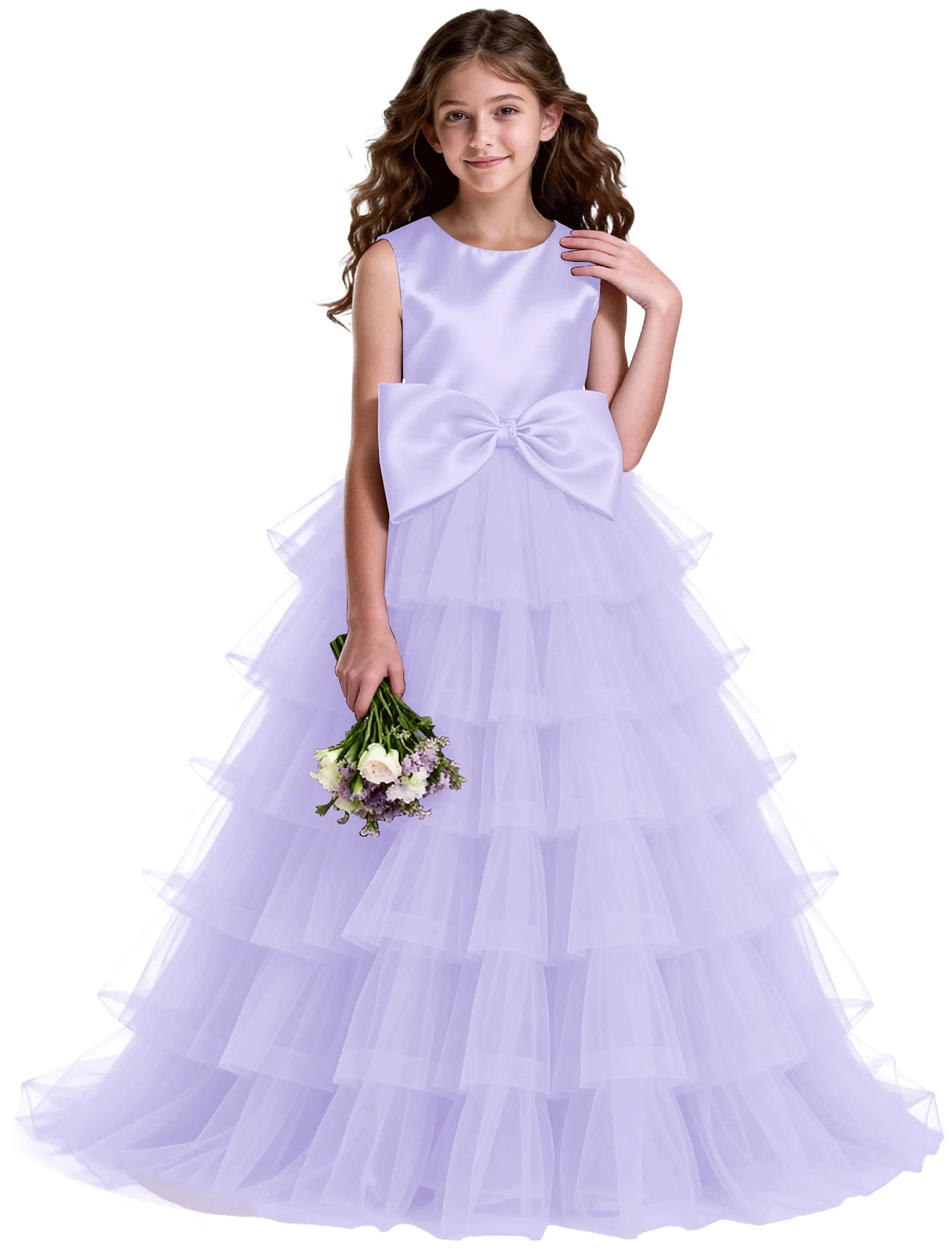 Layered Tulle Flower Girl Dress with Satin Bow