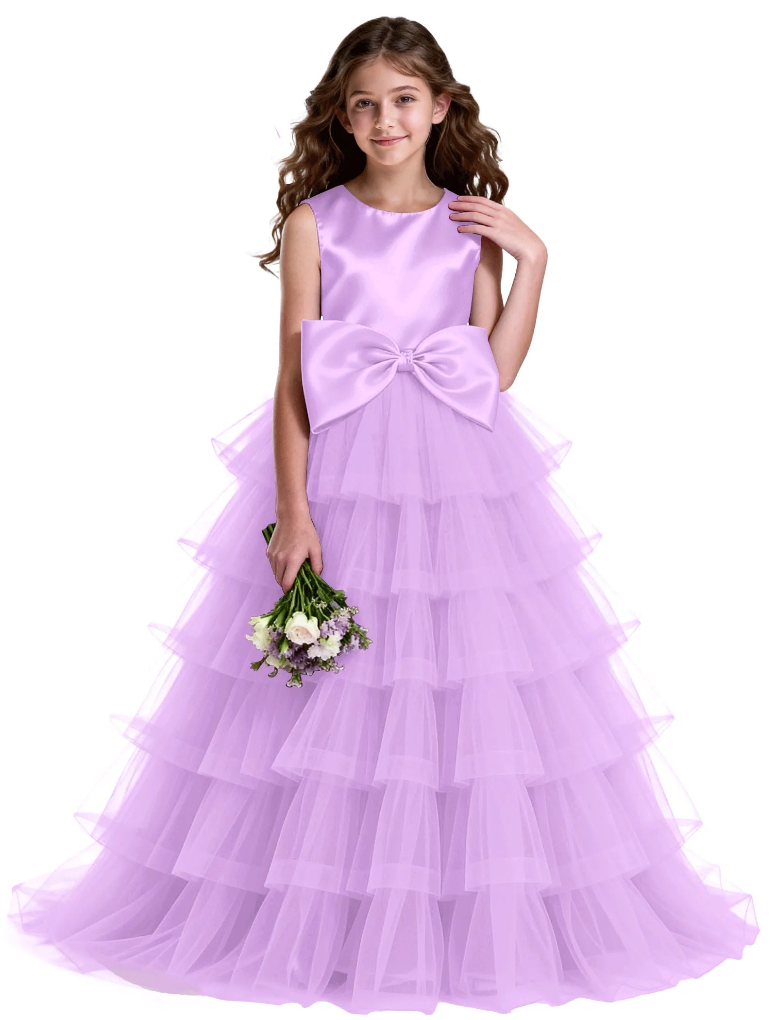 Layered Tulle Flower Girl Dress with Satin Bow