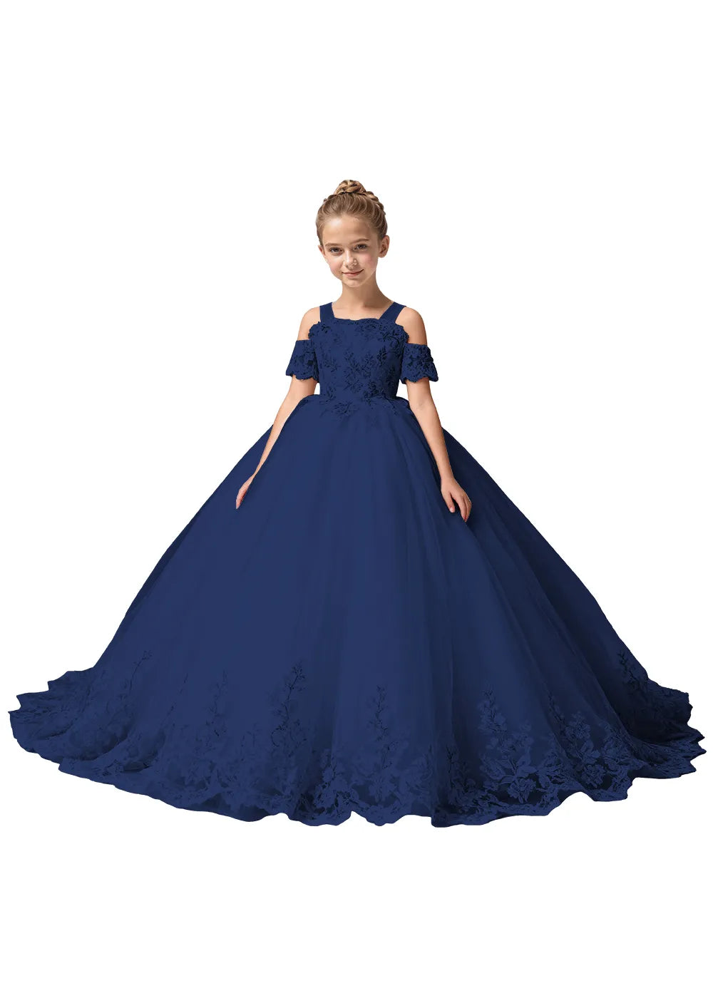 Off Shoulder Floral Embroidered Flower Girl Dress