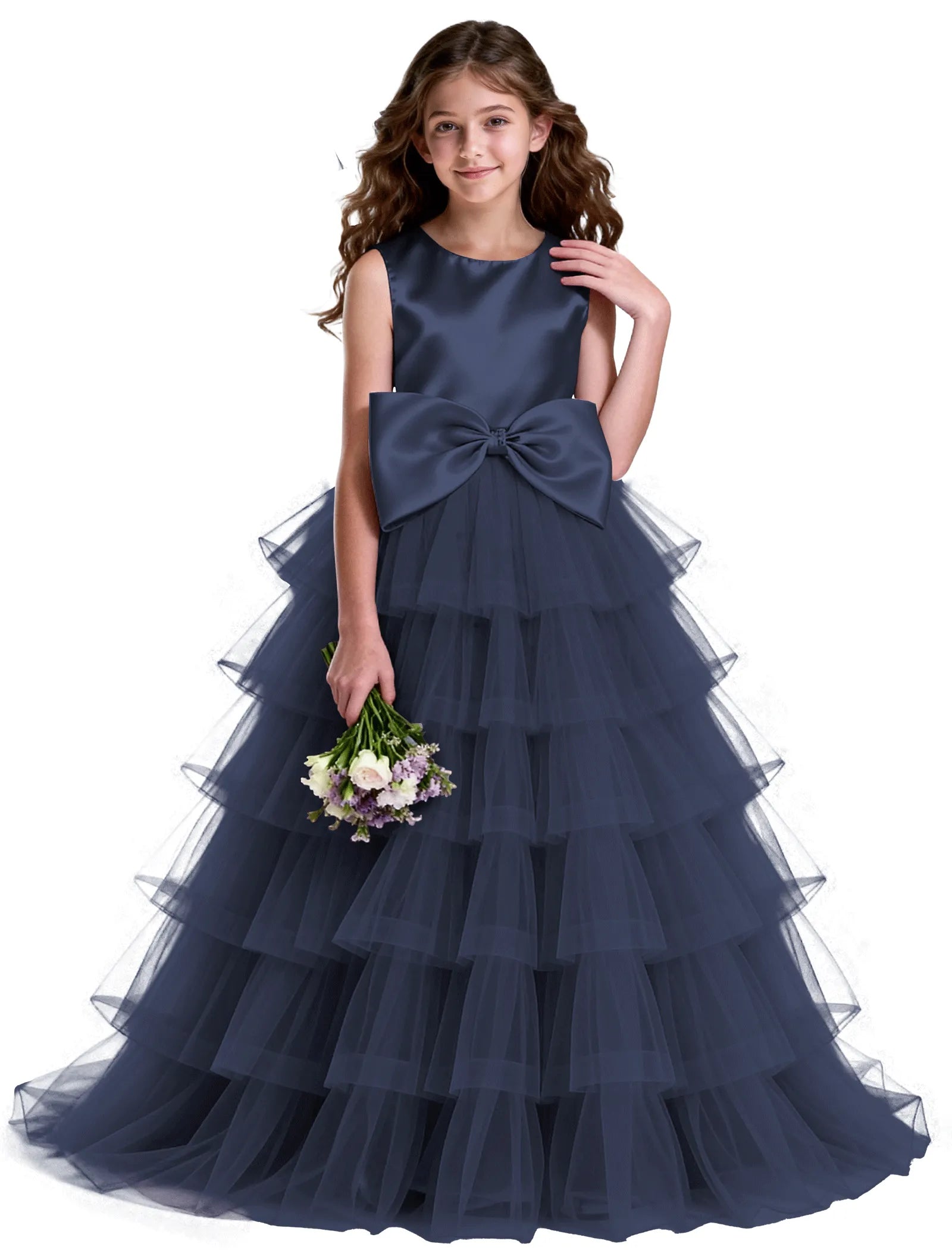 Layered Tulle Flower Girl Dress with Satin Bow
