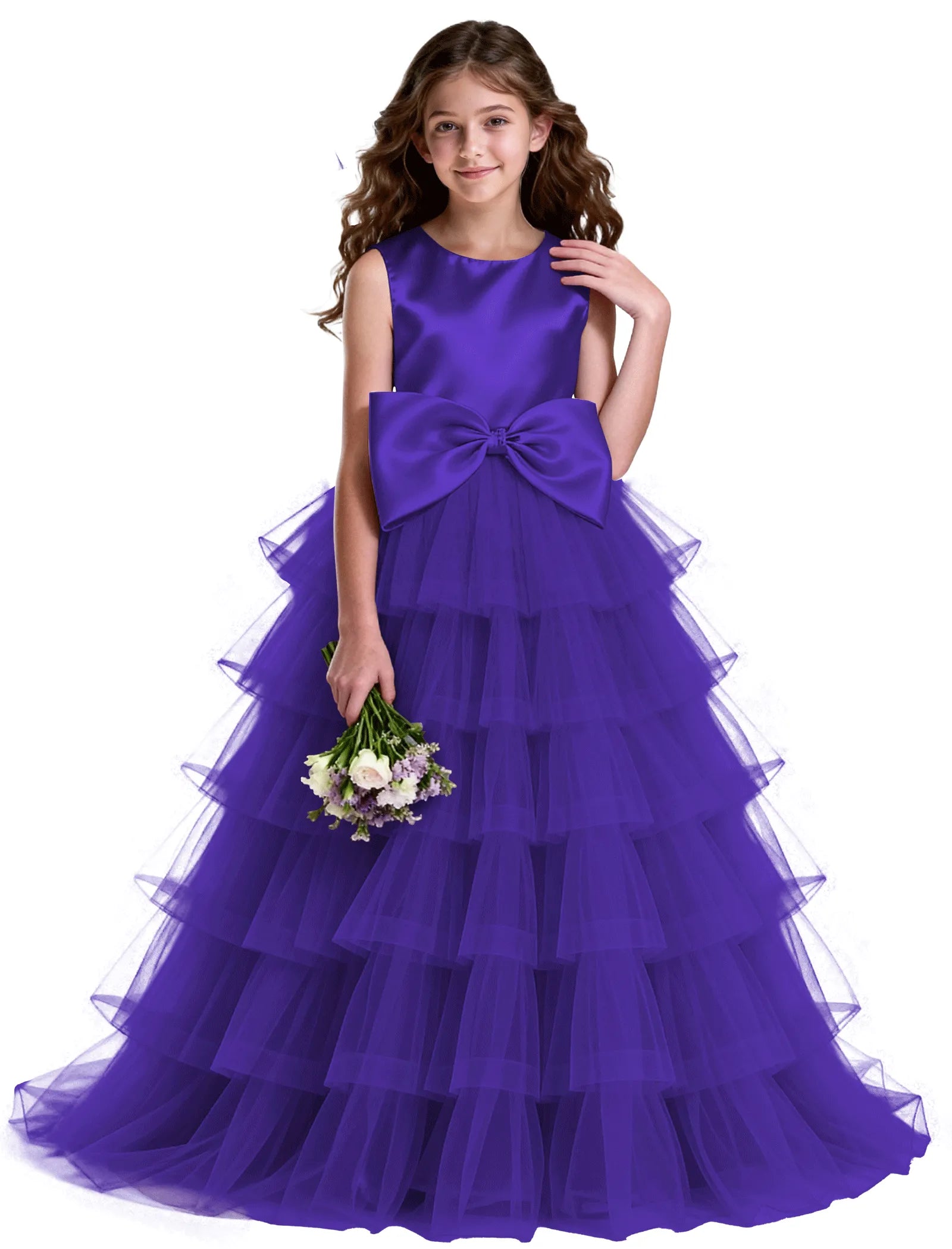 Layered Tulle Flower Girl Dress with Satin Bow