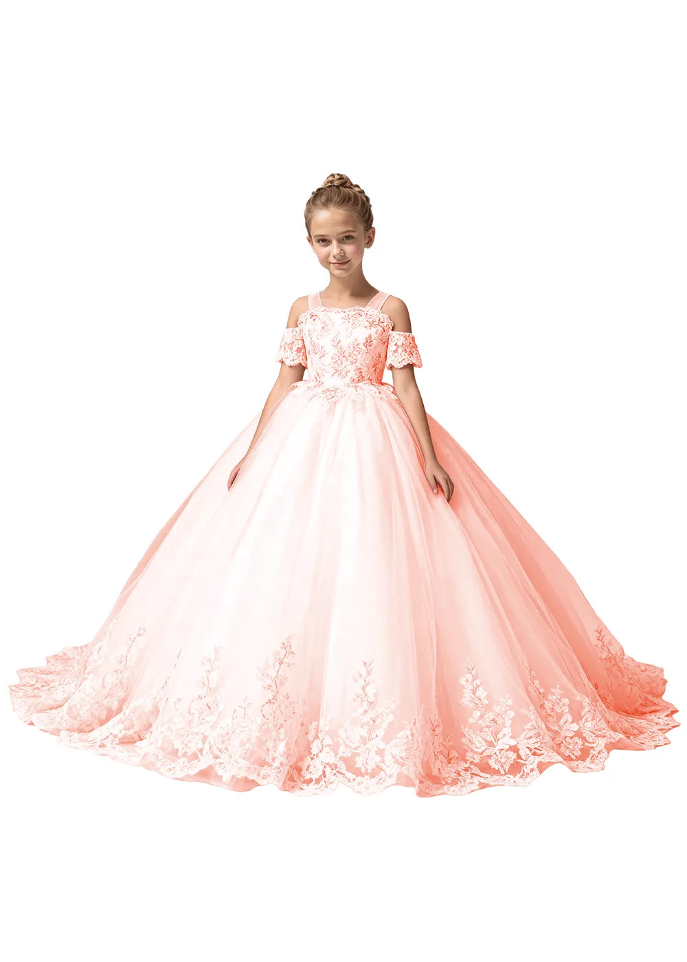 Off Shoulder Floral Embroidered Flower Girl Dress