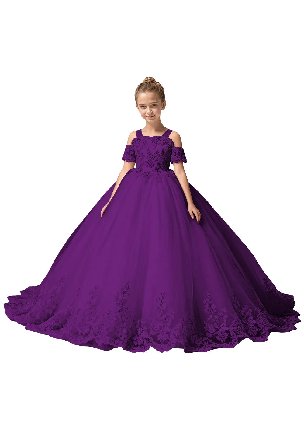 Off Shoulder Floral Embroidered Flower Girl Dress