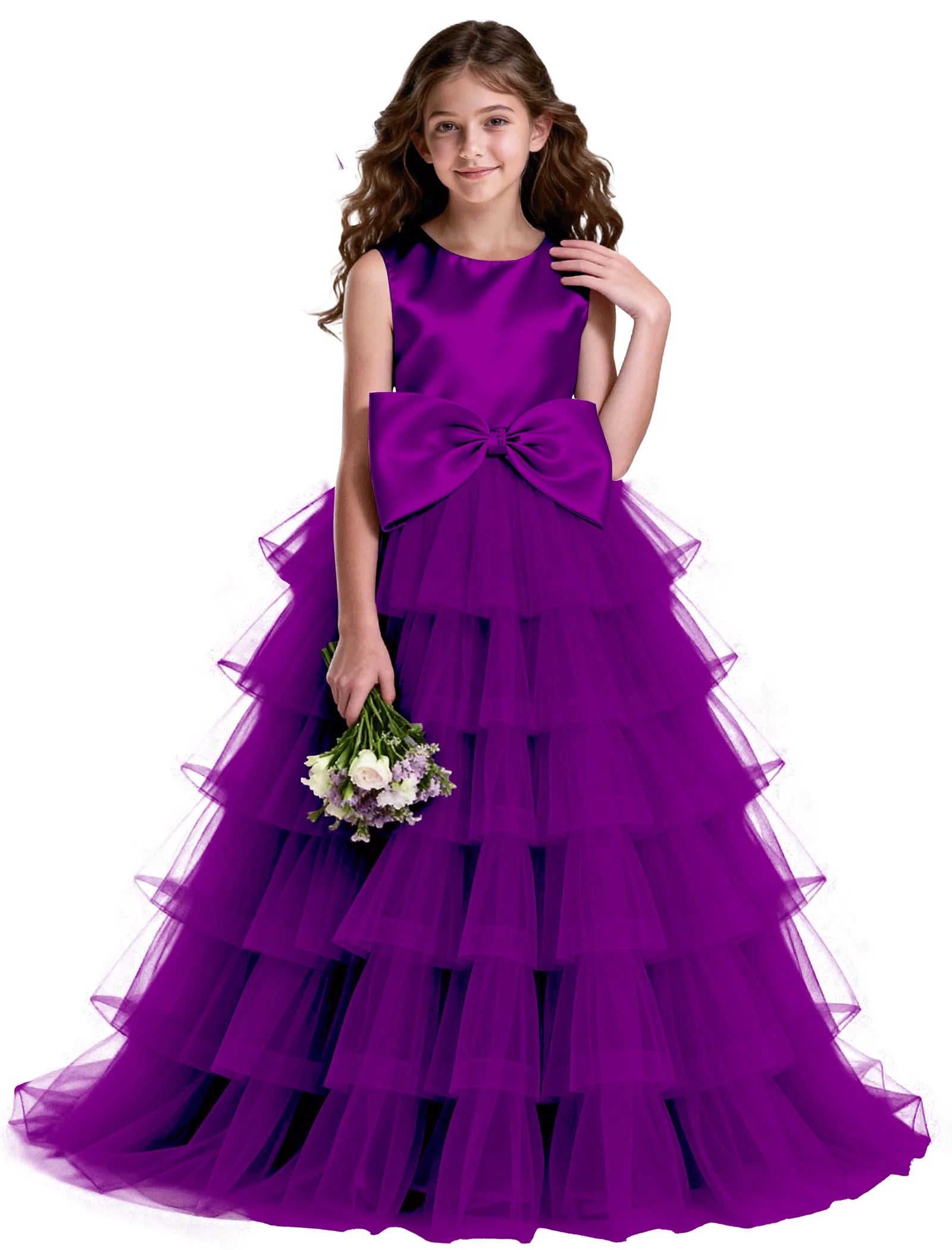 Layered Tulle Flower Girl Dress with Satin Bow