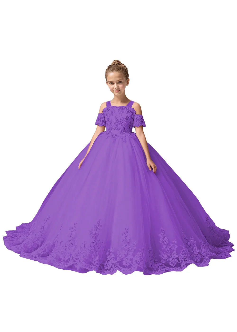 Off Shoulder Floral Embroidered Flower Girl Dress
