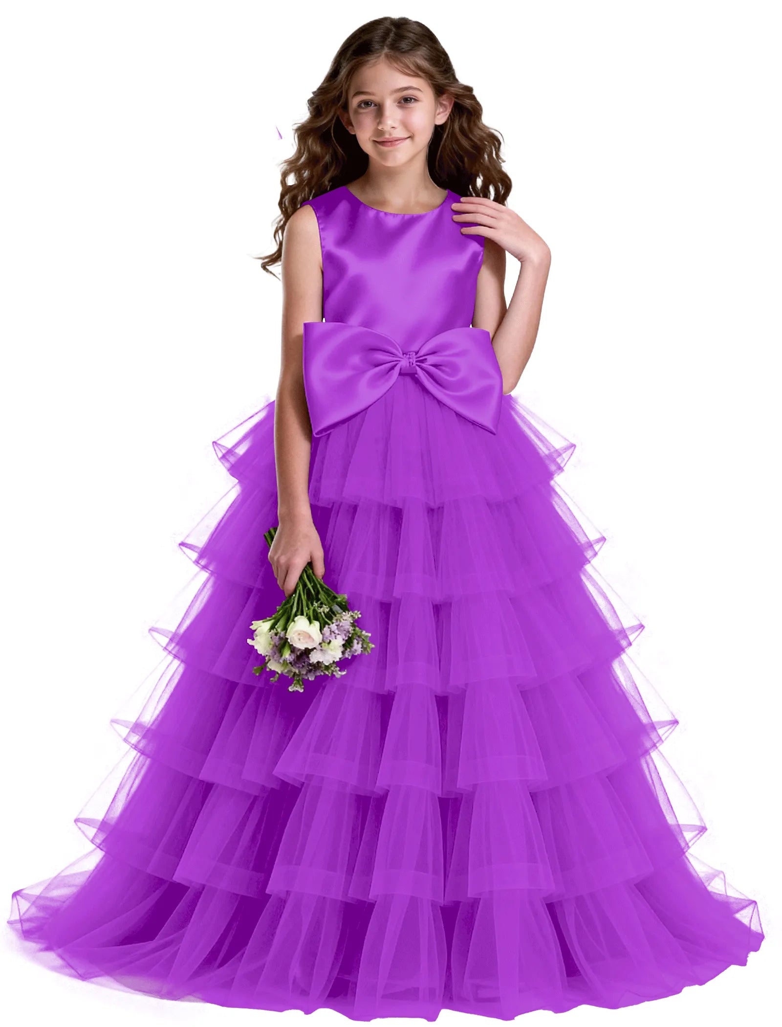 Layered Tulle Flower Girl Dress with Satin Bow