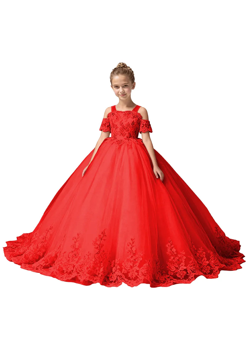 Off Shoulder Floral Embroidered Flower Girl Dress
