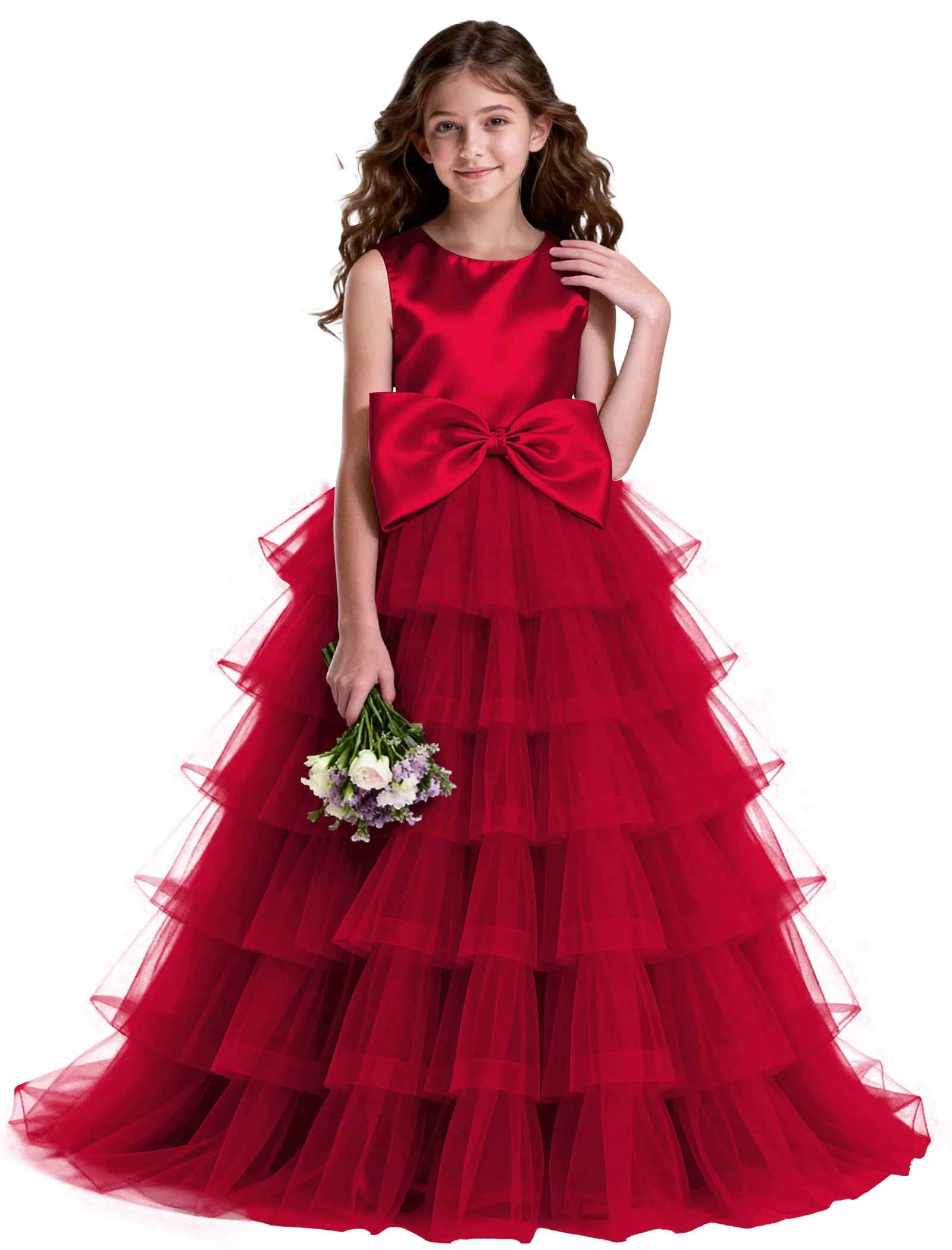 Layered Tulle Flower Girl Dress with Satin Bow