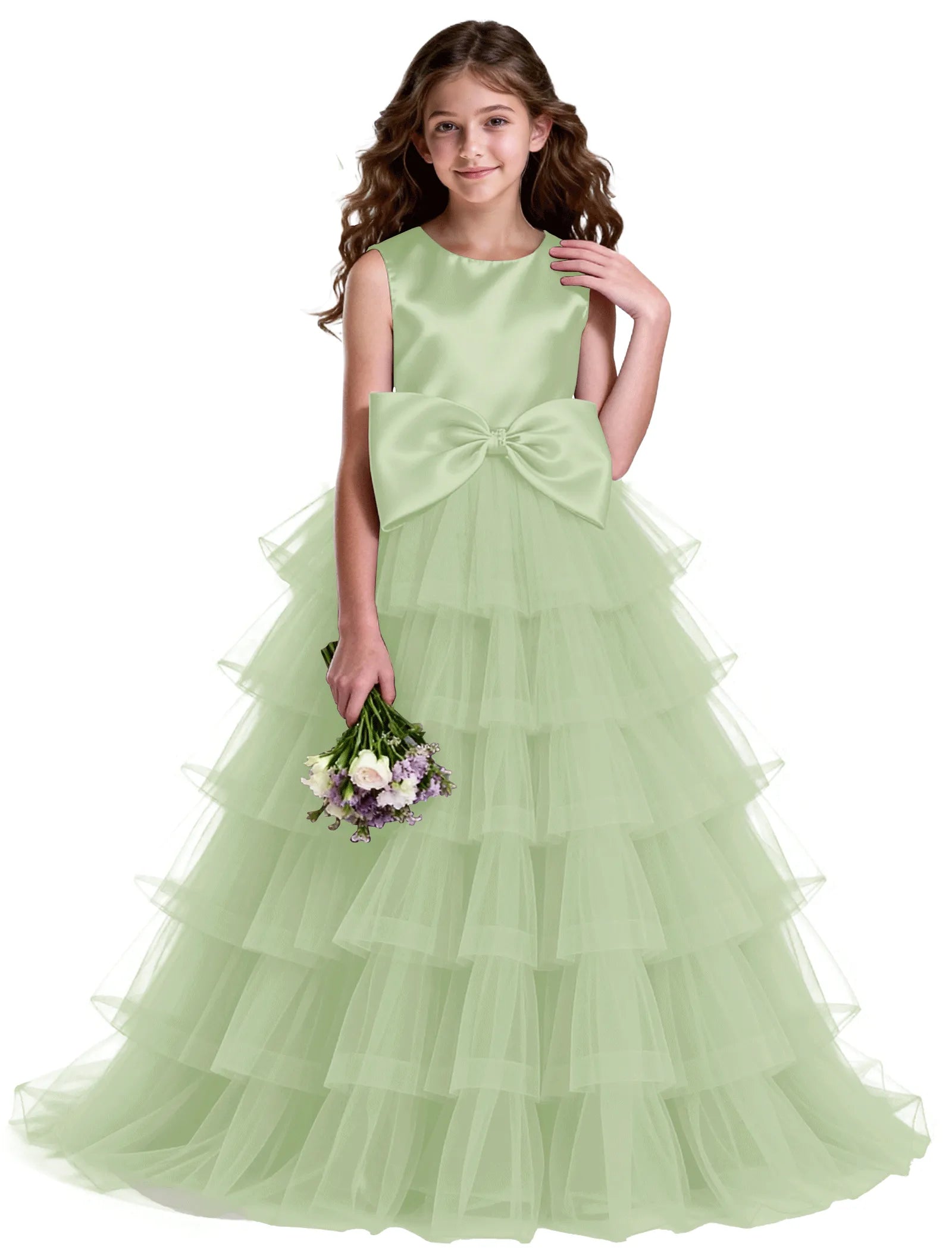 Layered Tulle Flower Girl Dress with Satin Bow