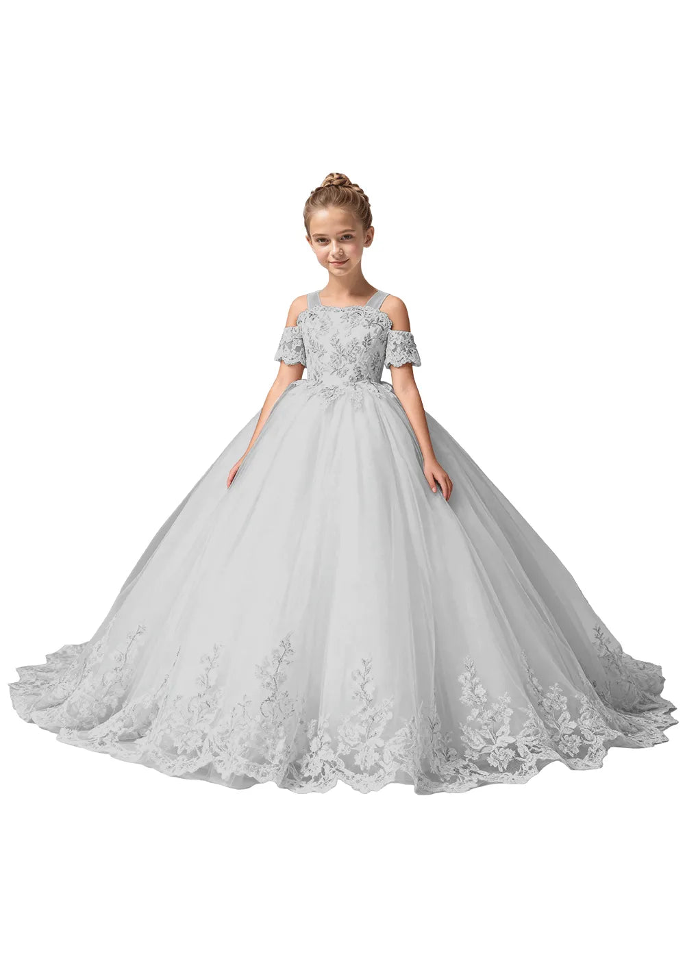 Off Shoulder Floral Embroidered Flower Girl Dress