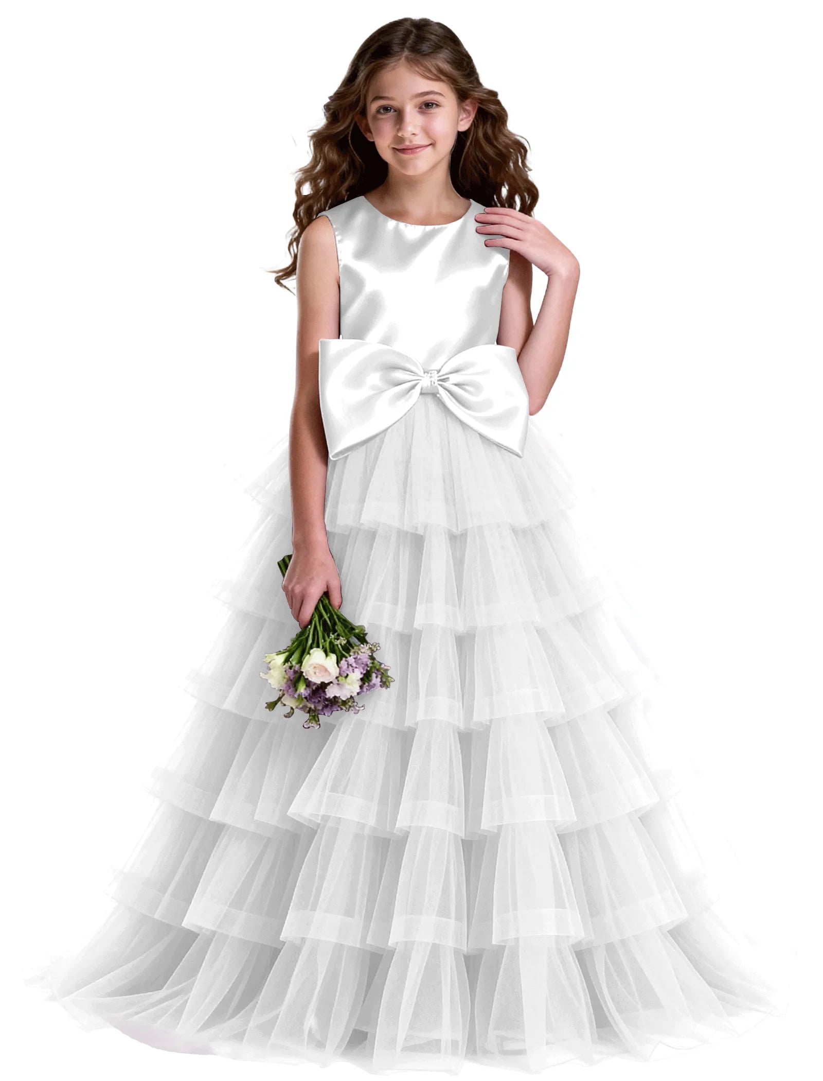 Layered Tulle Flower Girl Dress with Satin Bow
