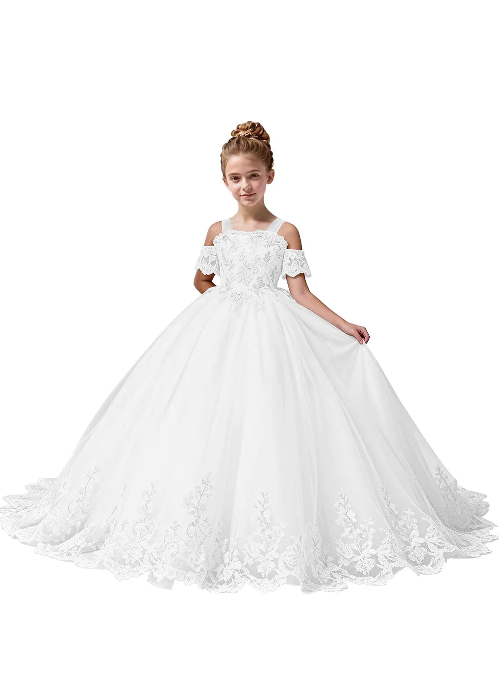 Off Shoulder Floral Embroidered Flower Girl Dress