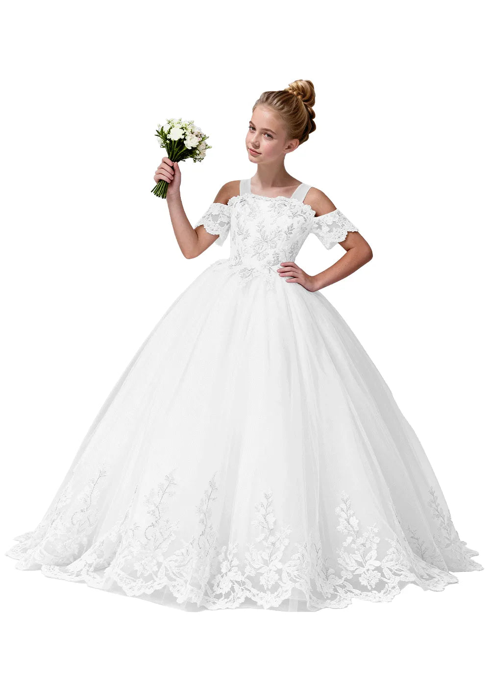 Off Shoulder Floral Embroidered Flower Girl Dress