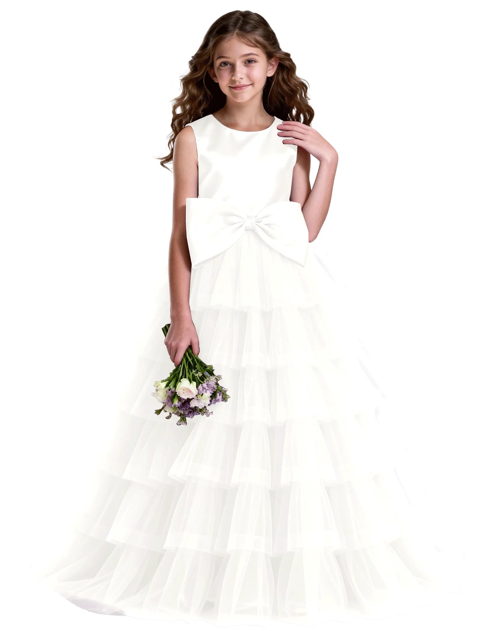 Layered Tulle Flower Girl Dress with Satin Bow