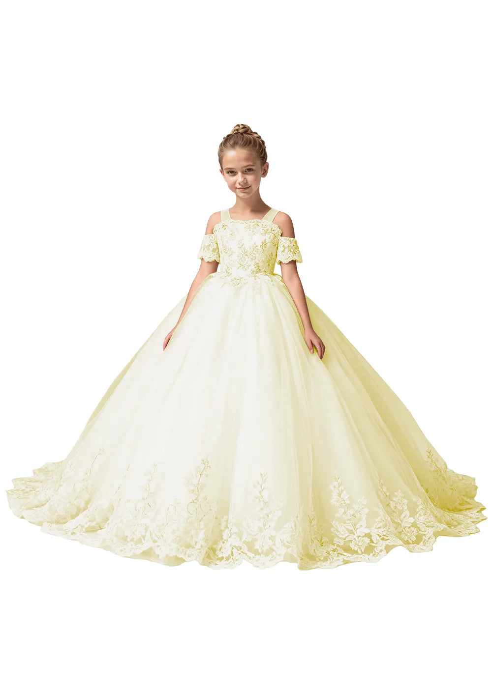 Off Shoulder Floral Embroidered Flower Girl Dress