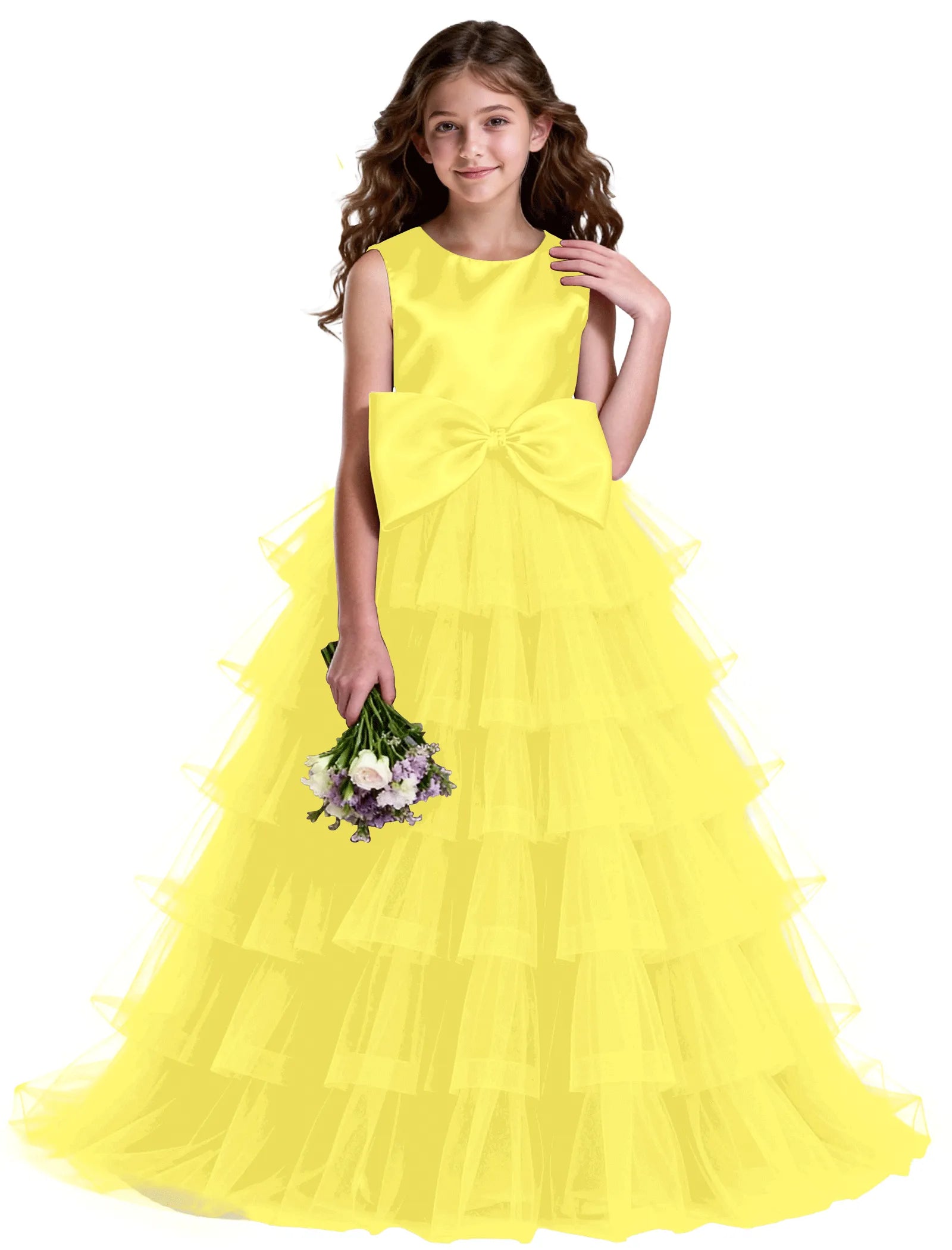 Layered Tulle Flower Girl Dress with Satin Bow