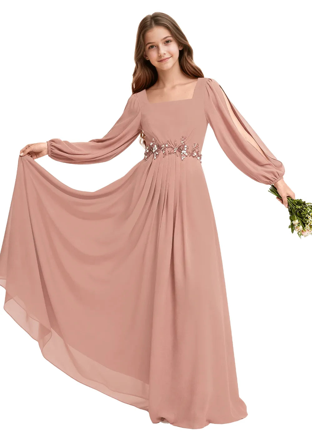 Embellished Square Neck Chiffon Bridesmaid Gown