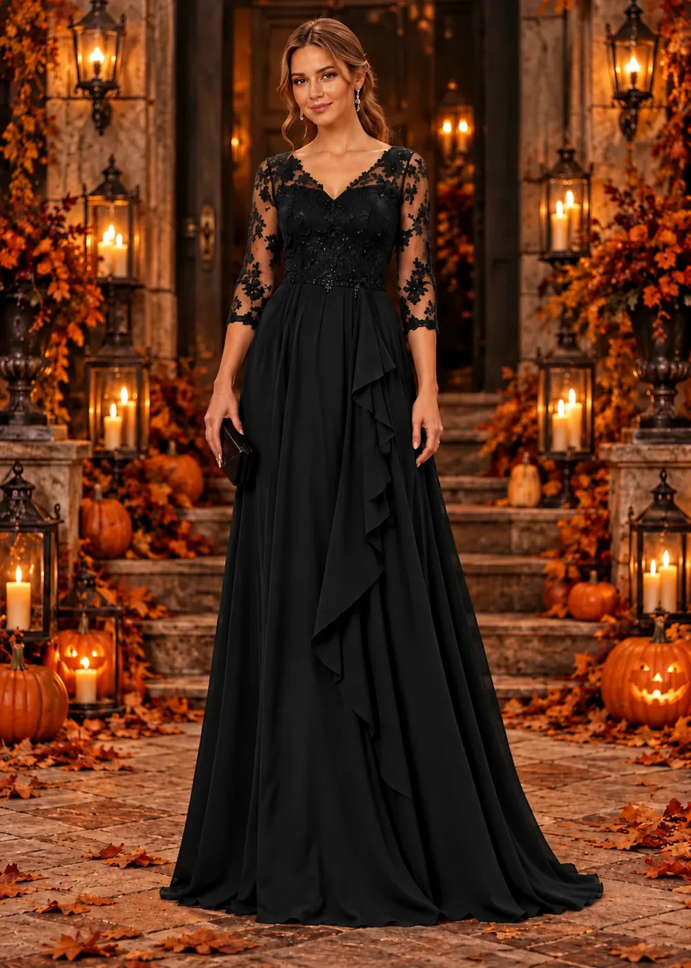 Front view of the black evening gown with a lace bodice and a cascading chiffon ruffle skirt.