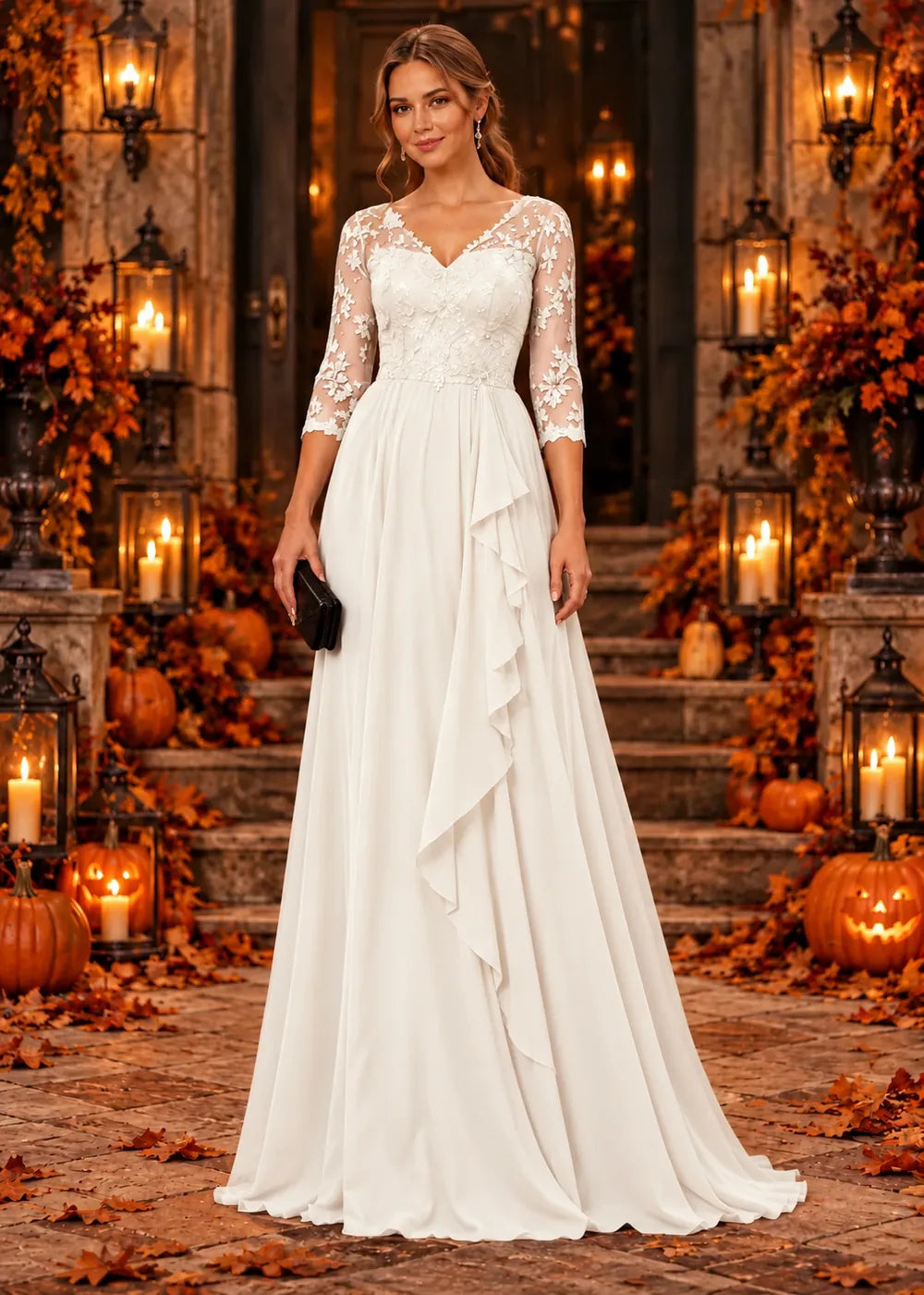 Front view of the ivory evening gown with a lace bodice and a cascading chiffon ruffle skirt.