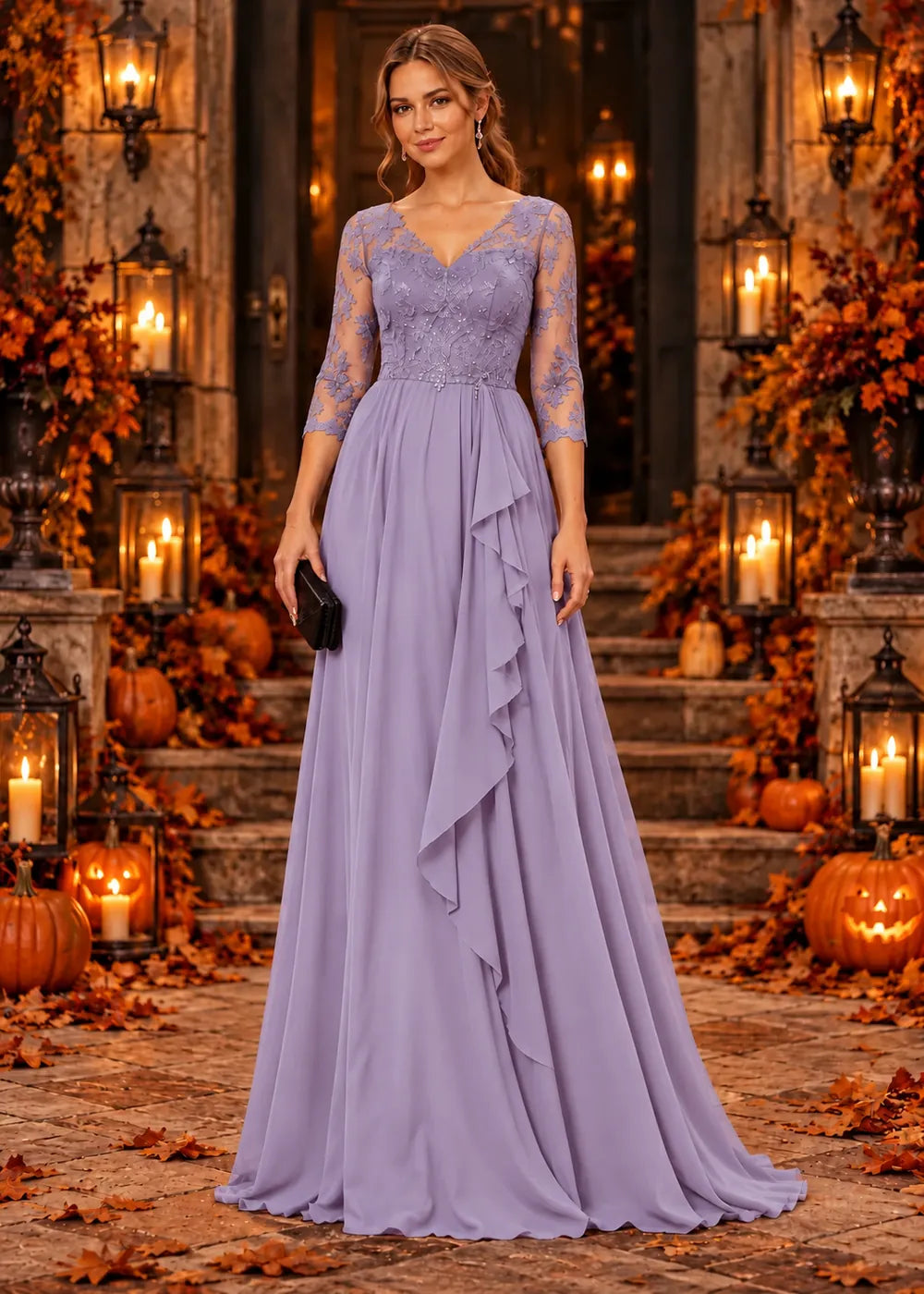 Front view of the lavender evening gown with a lace bodice and a cascading chiffon ruffle skirt.