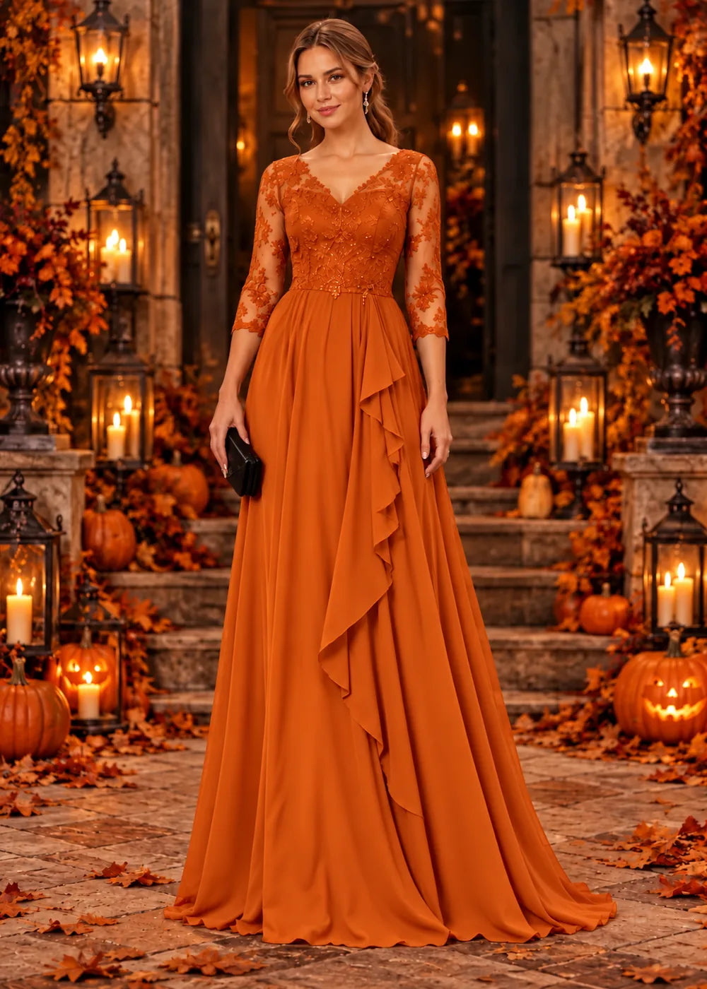 Front view of the pumpkin orange evening gown with a lace bodice and a cascading chiffon ruffle skirt.