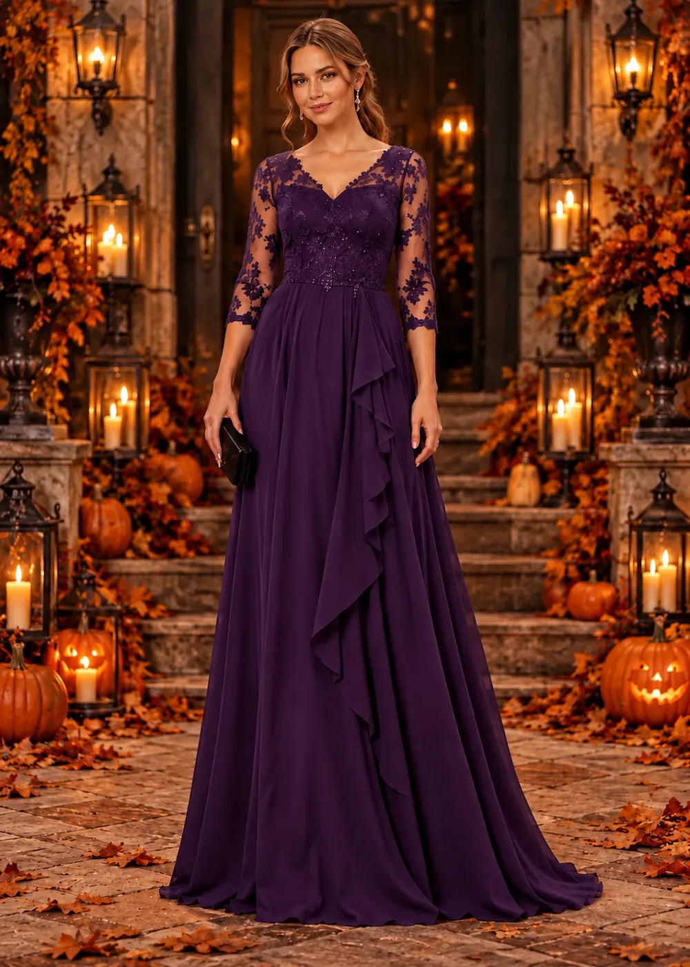 Front view of the purple evening gown with a lace bodice and a cascading chiffon ruffle skirt.