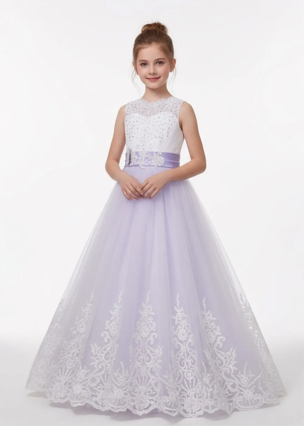 white flower girl dress with purple bow Satin White Tulle Flower Girl Dress Wedding Pageant Communion Reception Baptism