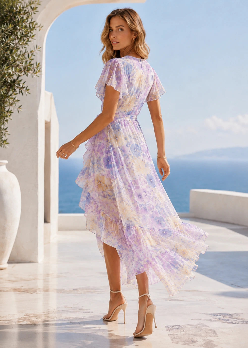 Lavender Pastel Floral Wrap High-Low Chiffon Dress