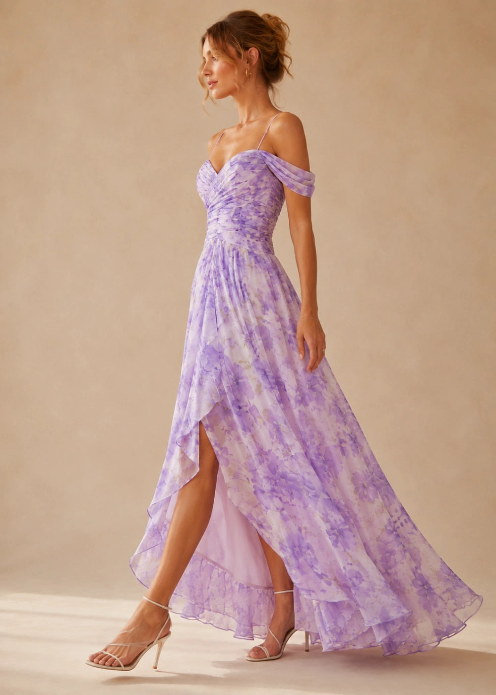 Lavender Watercolor Floral Off-Shoulder High-Low Maxi Dress