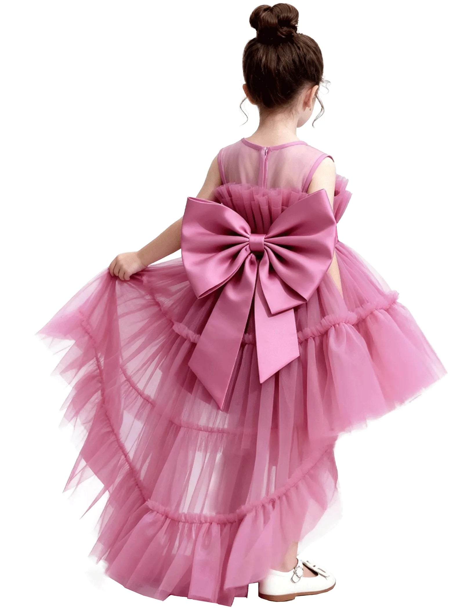 High-Low Ruffle Tulle Gown with Oversized Back Bow