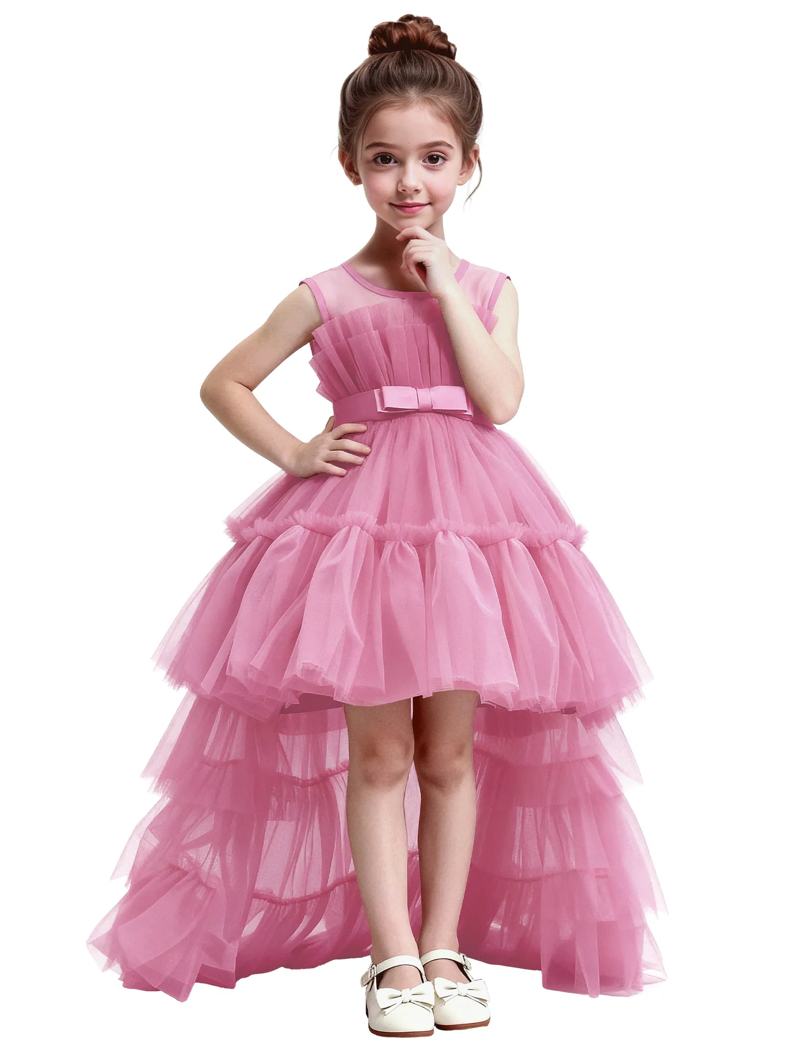 High-Low Ruffle Tulle Gown with Oversized Back Bow