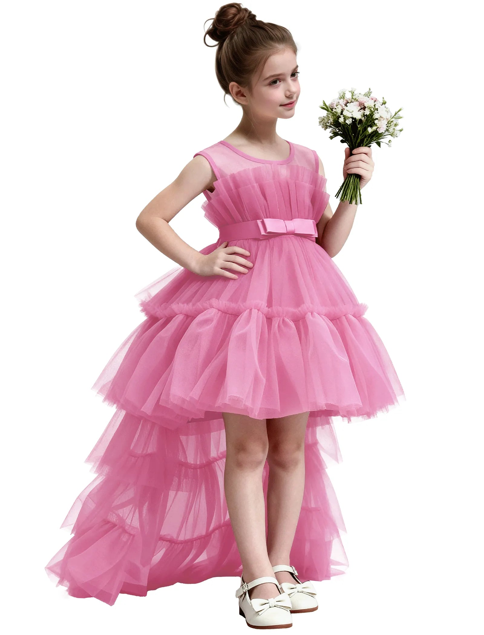 High-Low Ruffle Tulle Gown with Oversized Back Bow