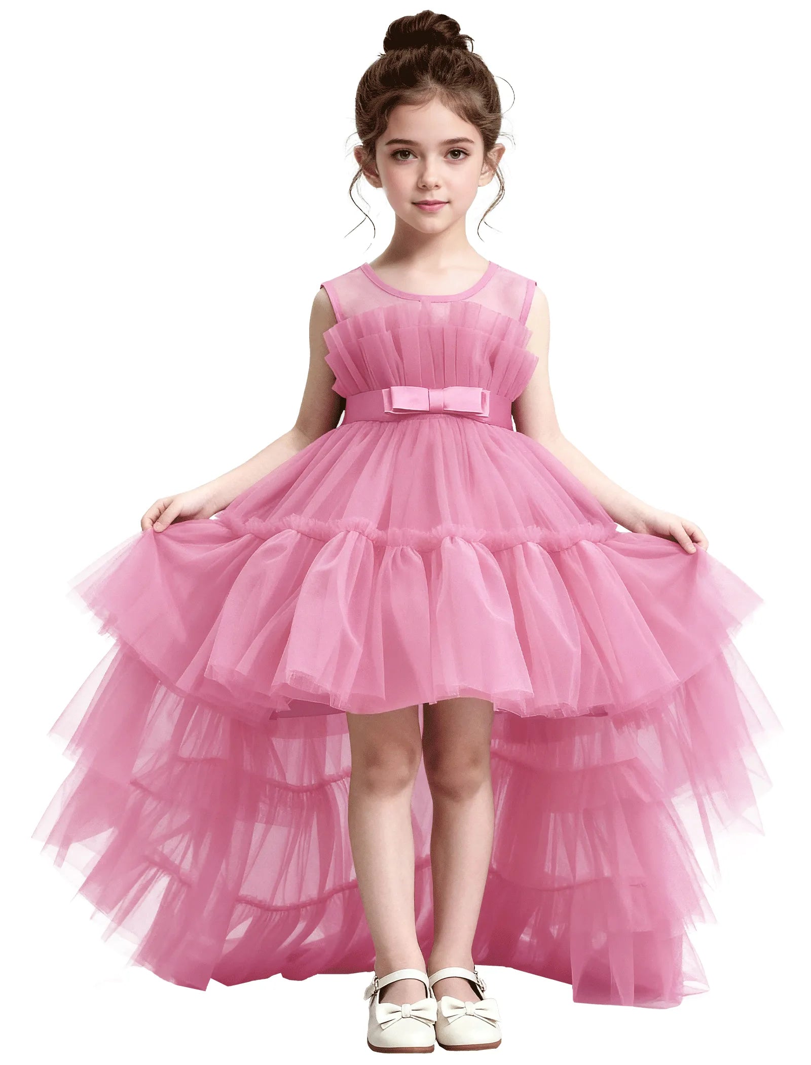 High-Low Ruffle Tulle Gown with Oversized Back Bow