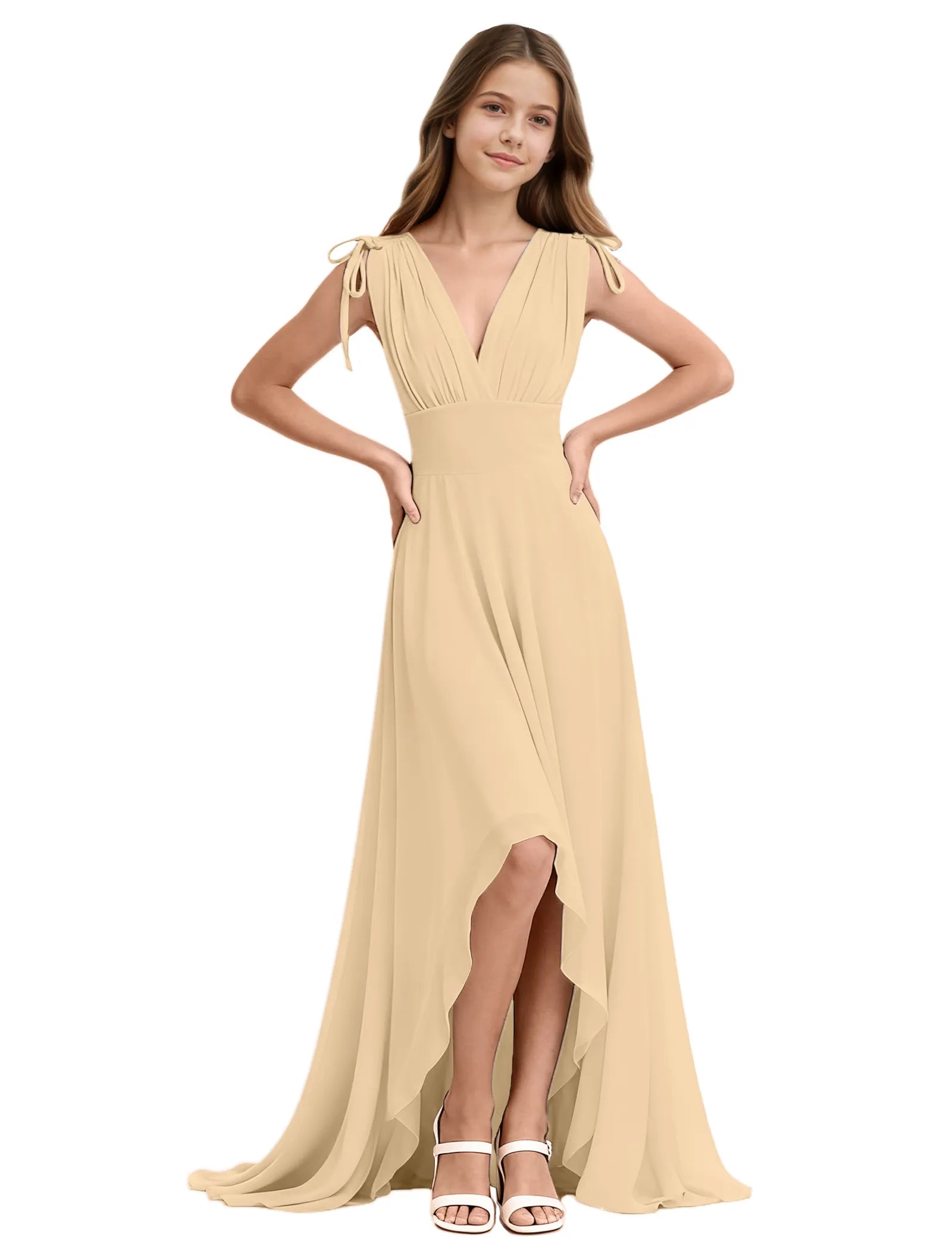 Youth High-Low Chiffon Dress with Bow Straps