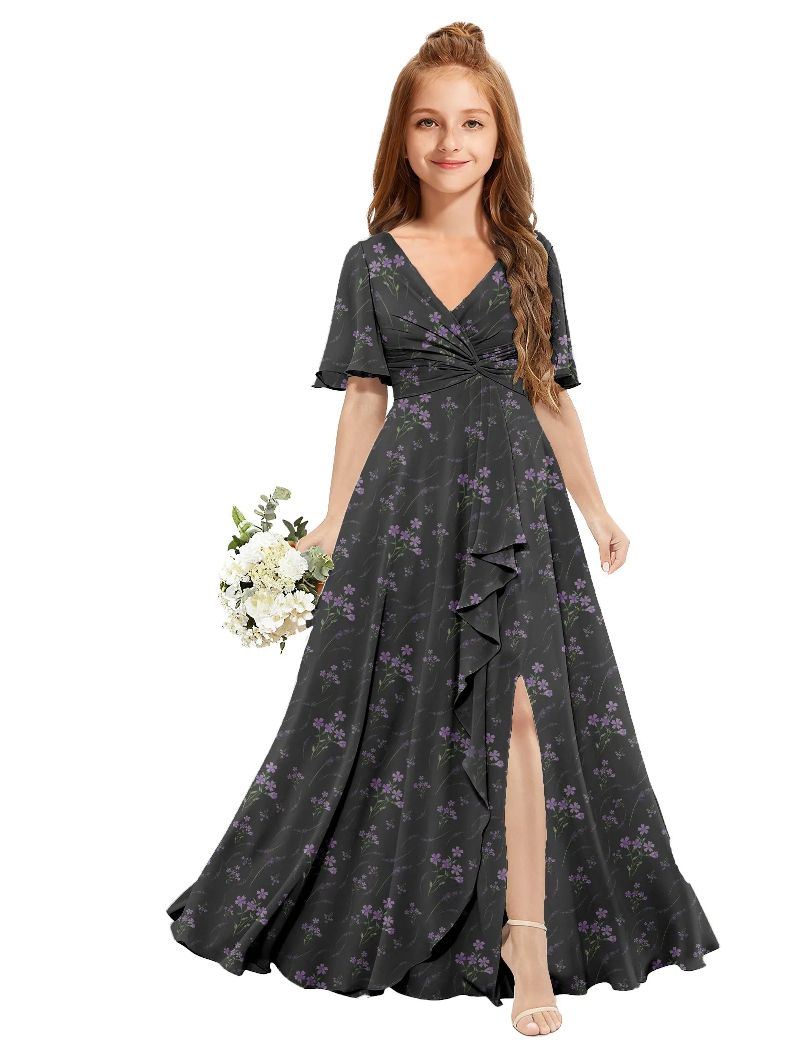 Chiffon Flutter Sleeve Floral Dress for Girls