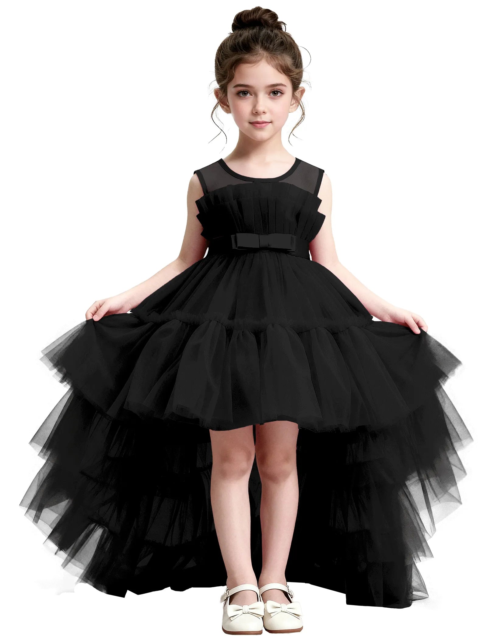 High-Low Ruffle Tulle Gown with Oversized Back Bow