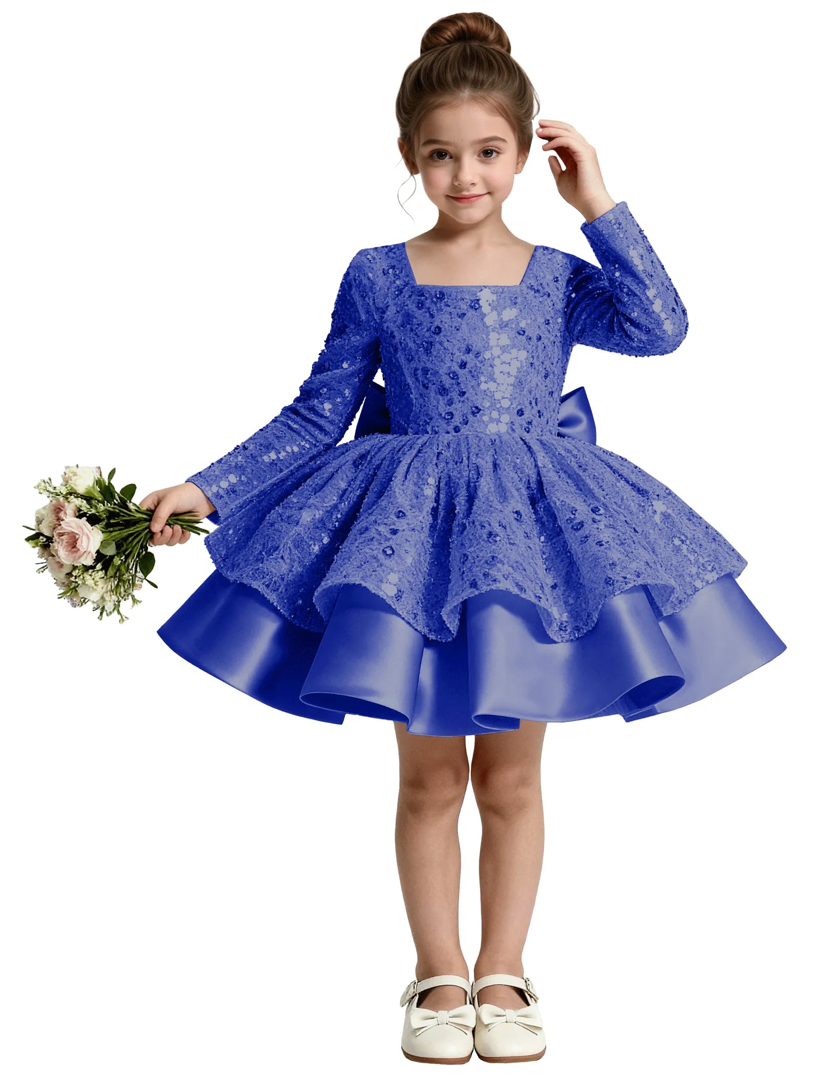 Sequin Bow Back Long Sleeve Flower Girl Dress