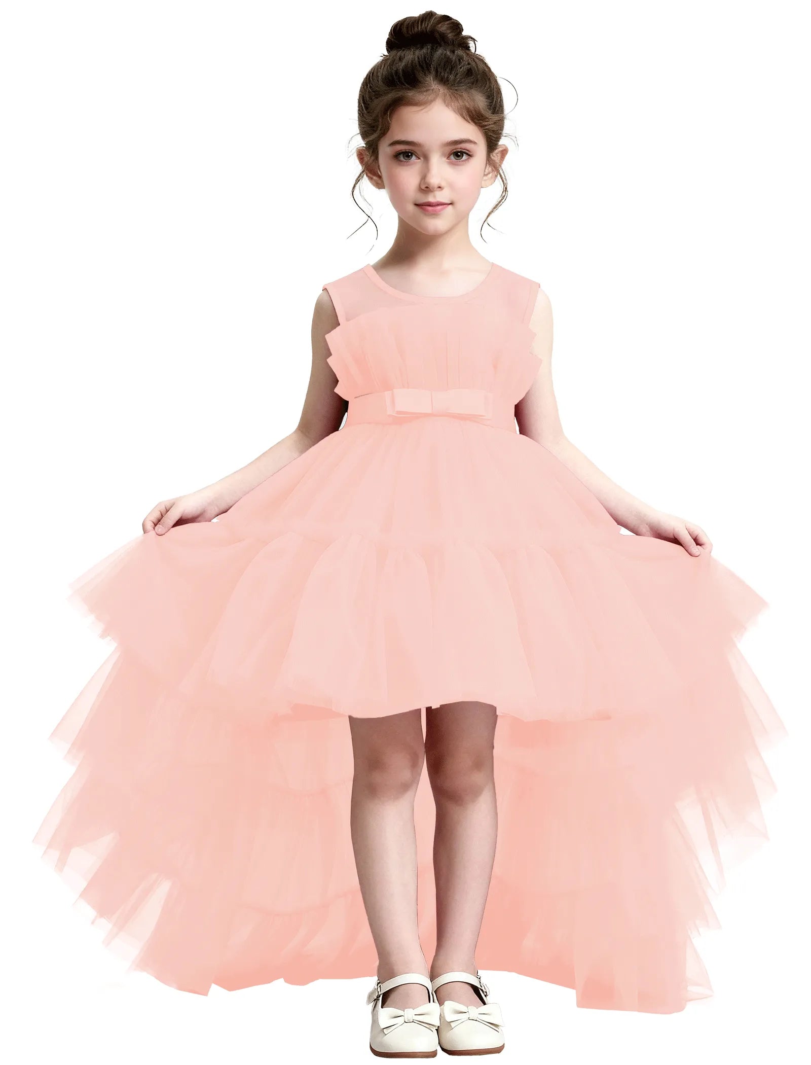 High-Low Ruffle Tulle Gown with Oversized Back Bow