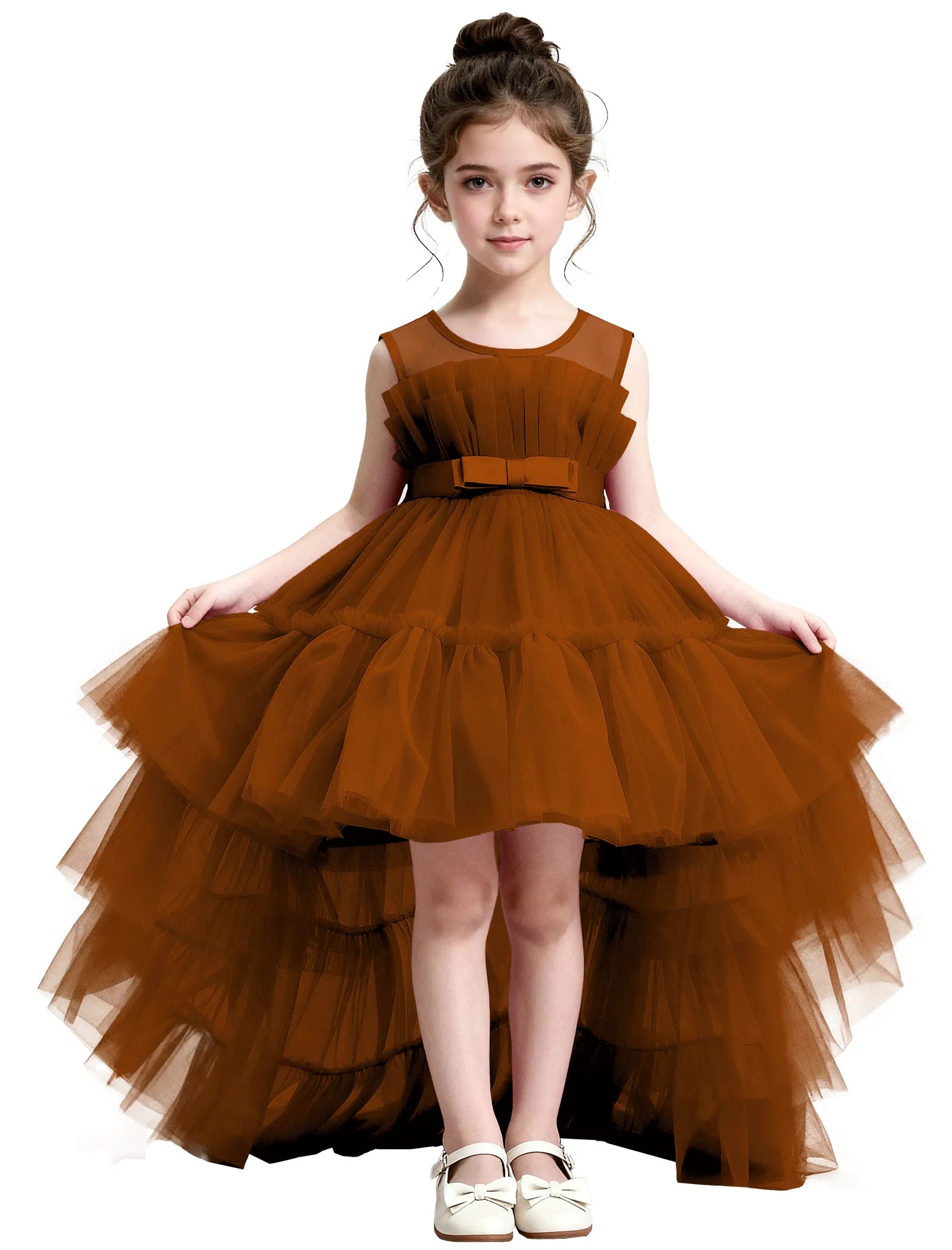 High-Low Ruffle Tulle Gown with Oversized Back Bow