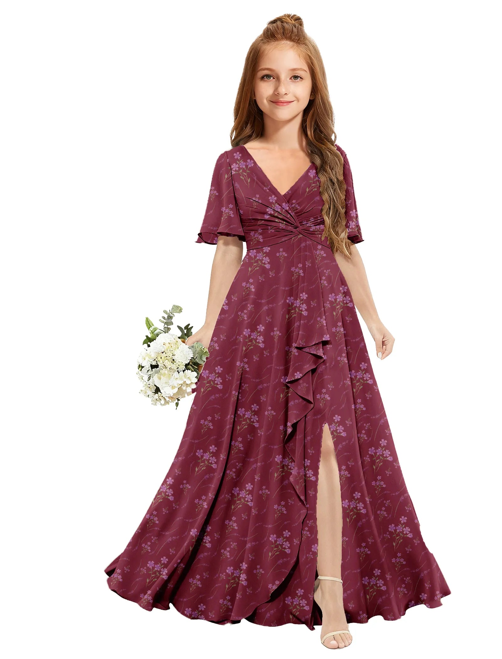 Chiffon Flutter Sleeve Floral Dress for Girls