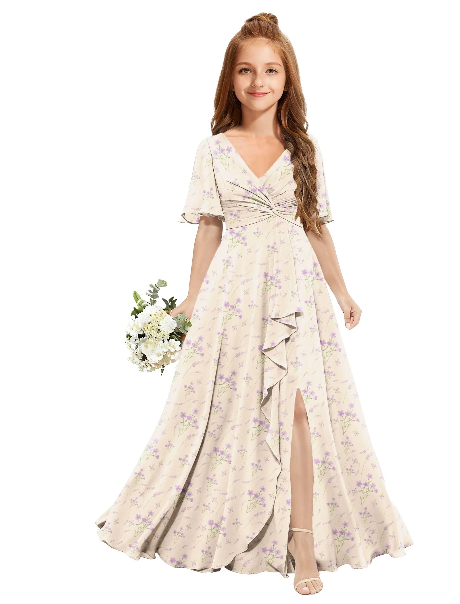Chiffon Flutter Sleeve Floral Dress for Girls