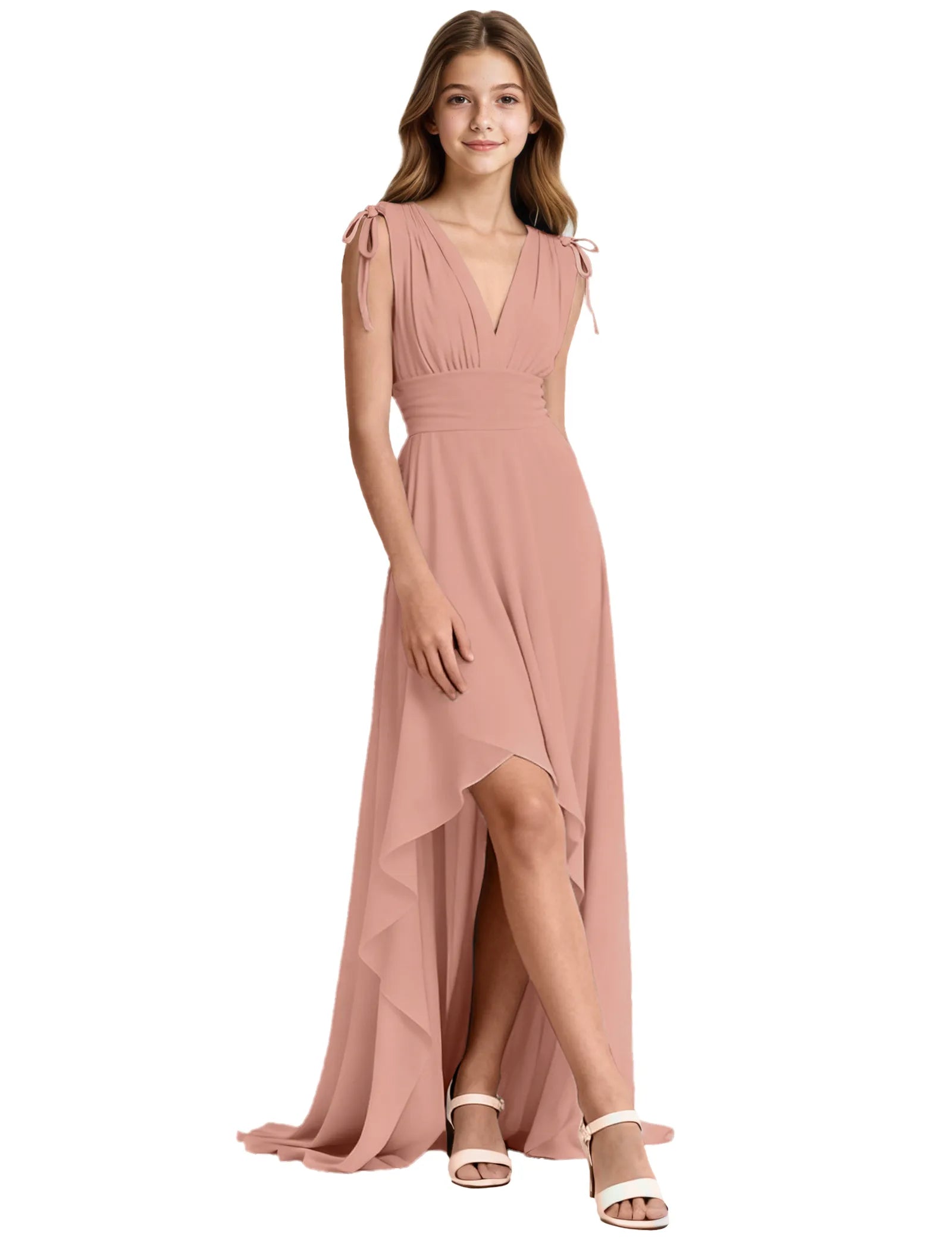 Youth High-Low Chiffon Dress with Bow Straps