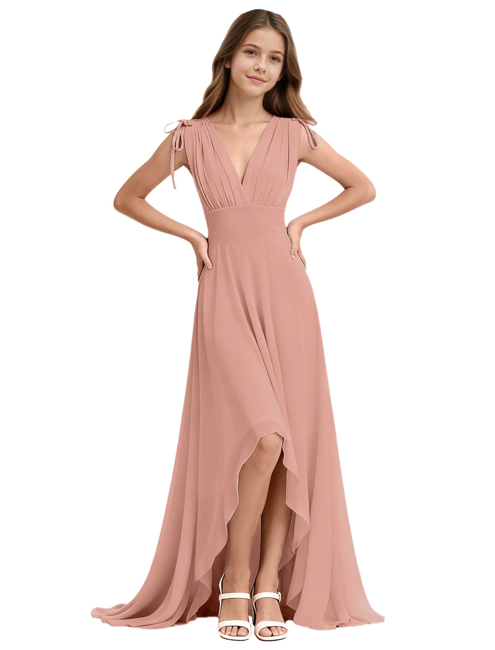 Youth High-Low Chiffon Dress with Bow Straps