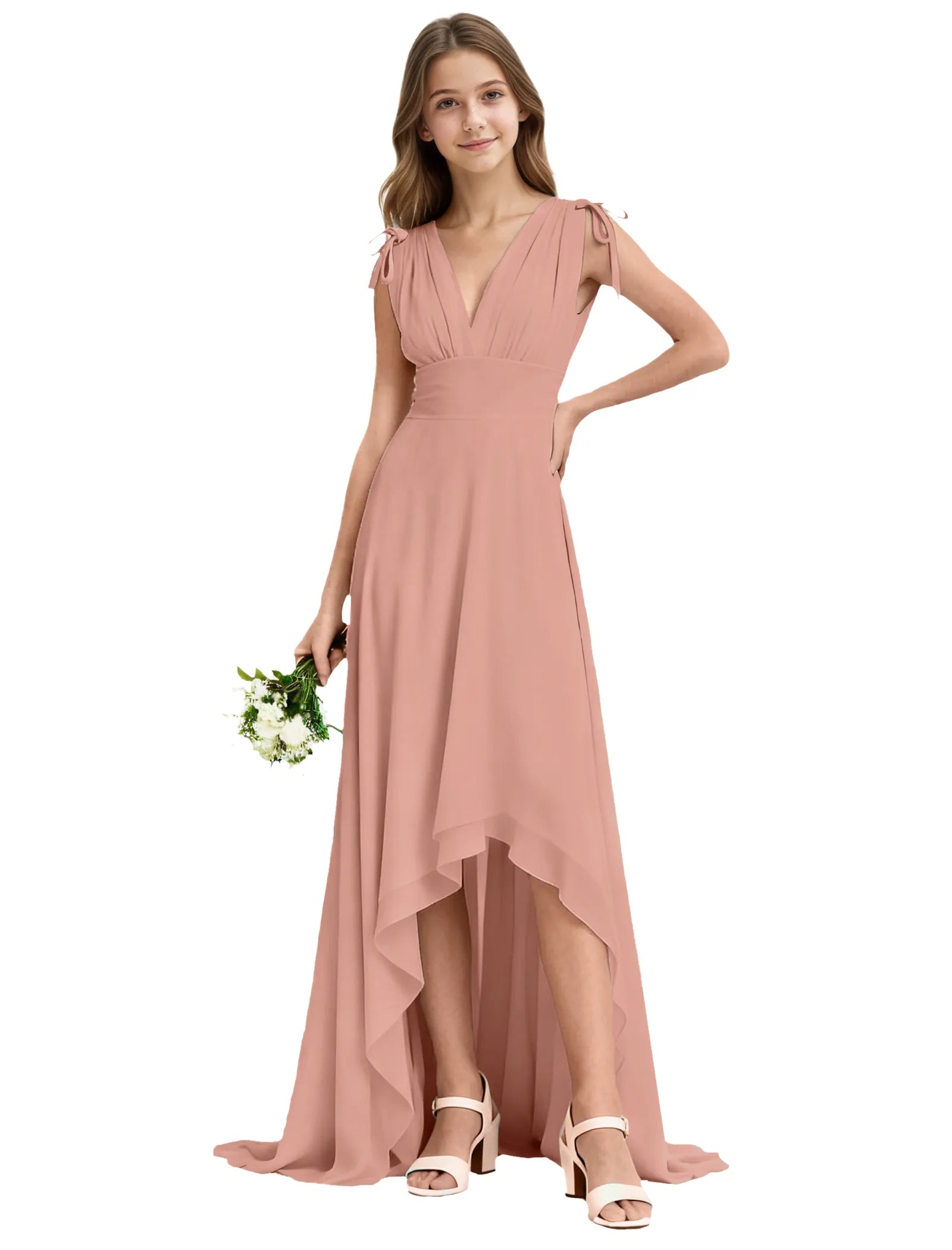 Youth High-Low Chiffon Dress with Bow Straps