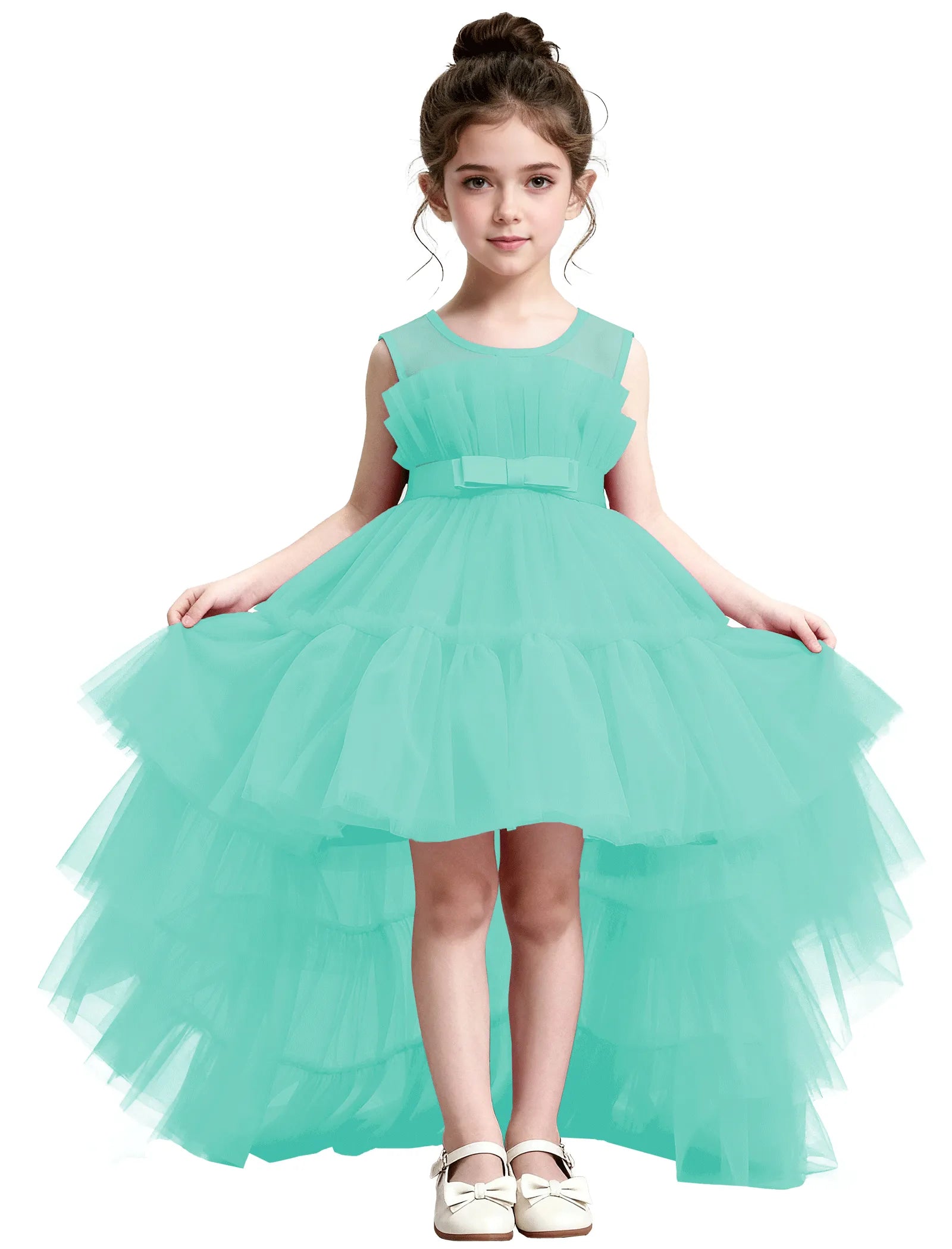 High-Low Ruffle Tulle Gown with Oversized Back Bow