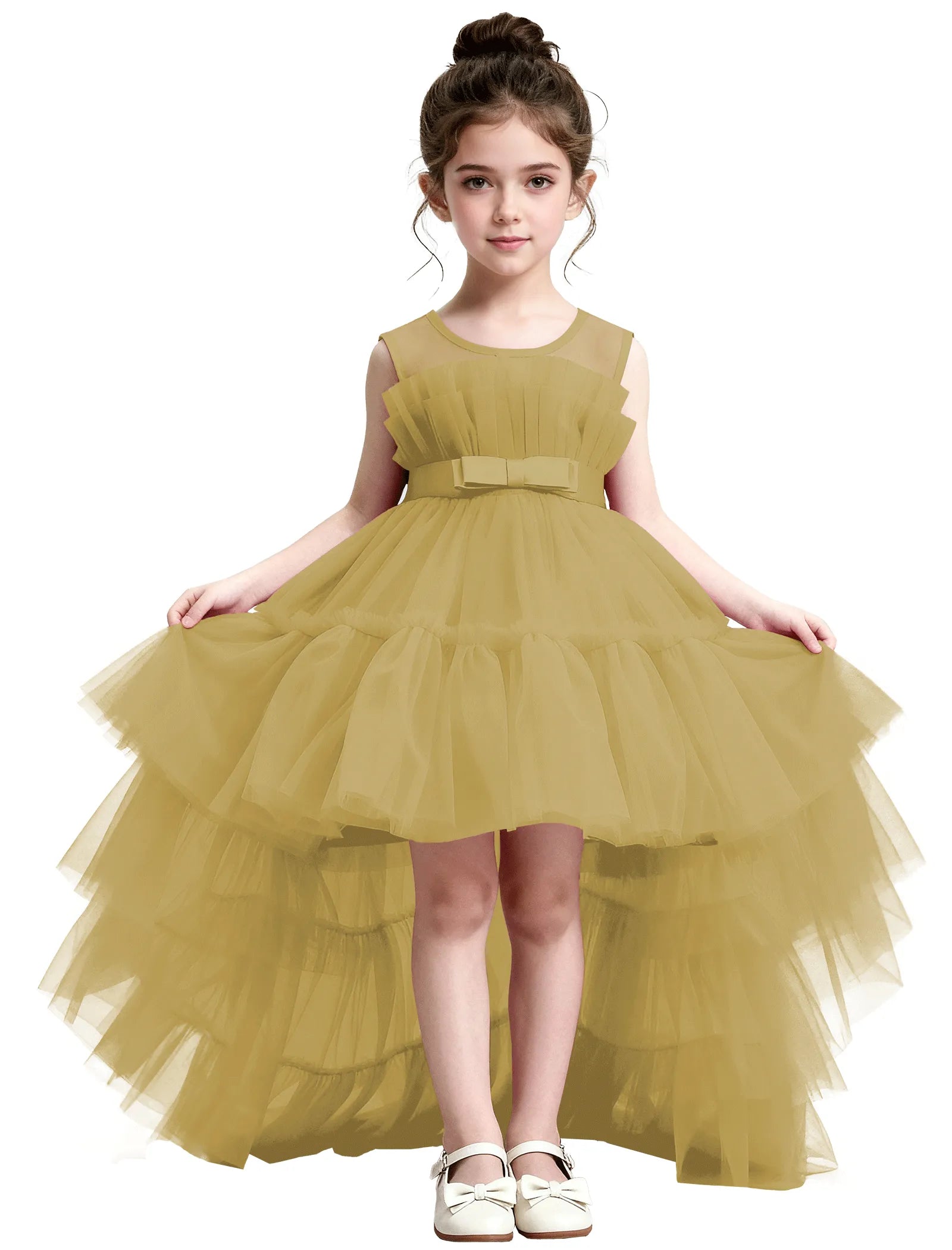 High-Low Ruffle Tulle Gown with Oversized Back Bow