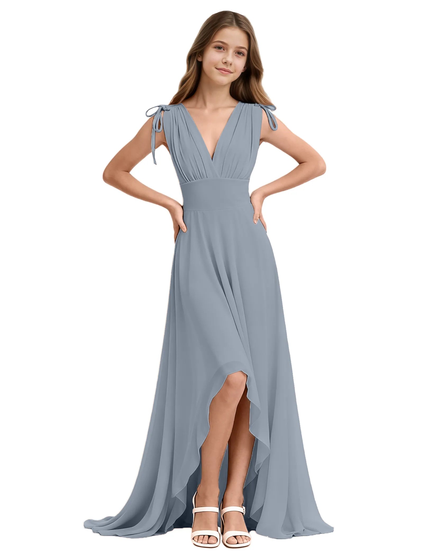 Youth High-Low Chiffon Dress with Bow Straps
