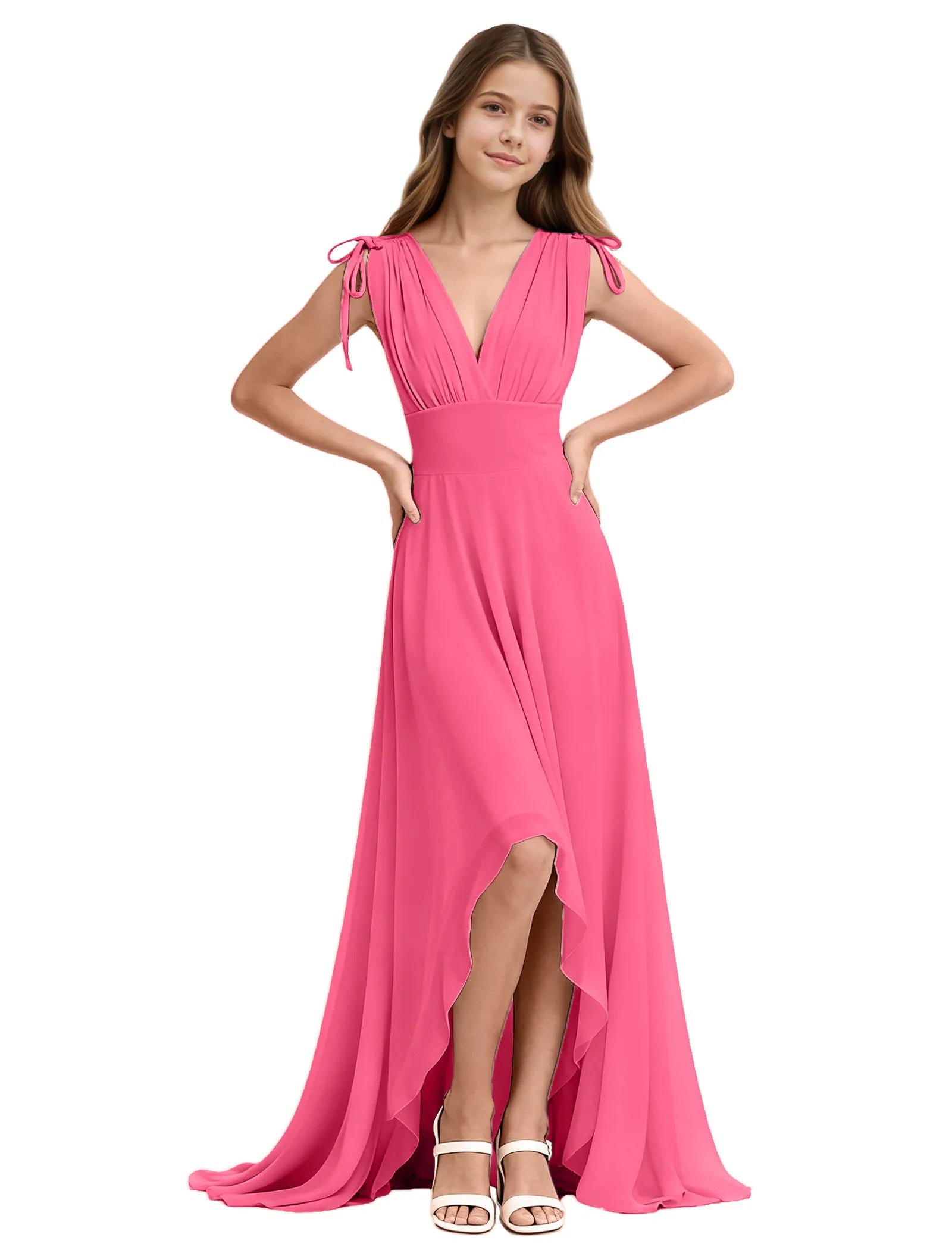 Youth High-Low Chiffon Dress with Bow Straps