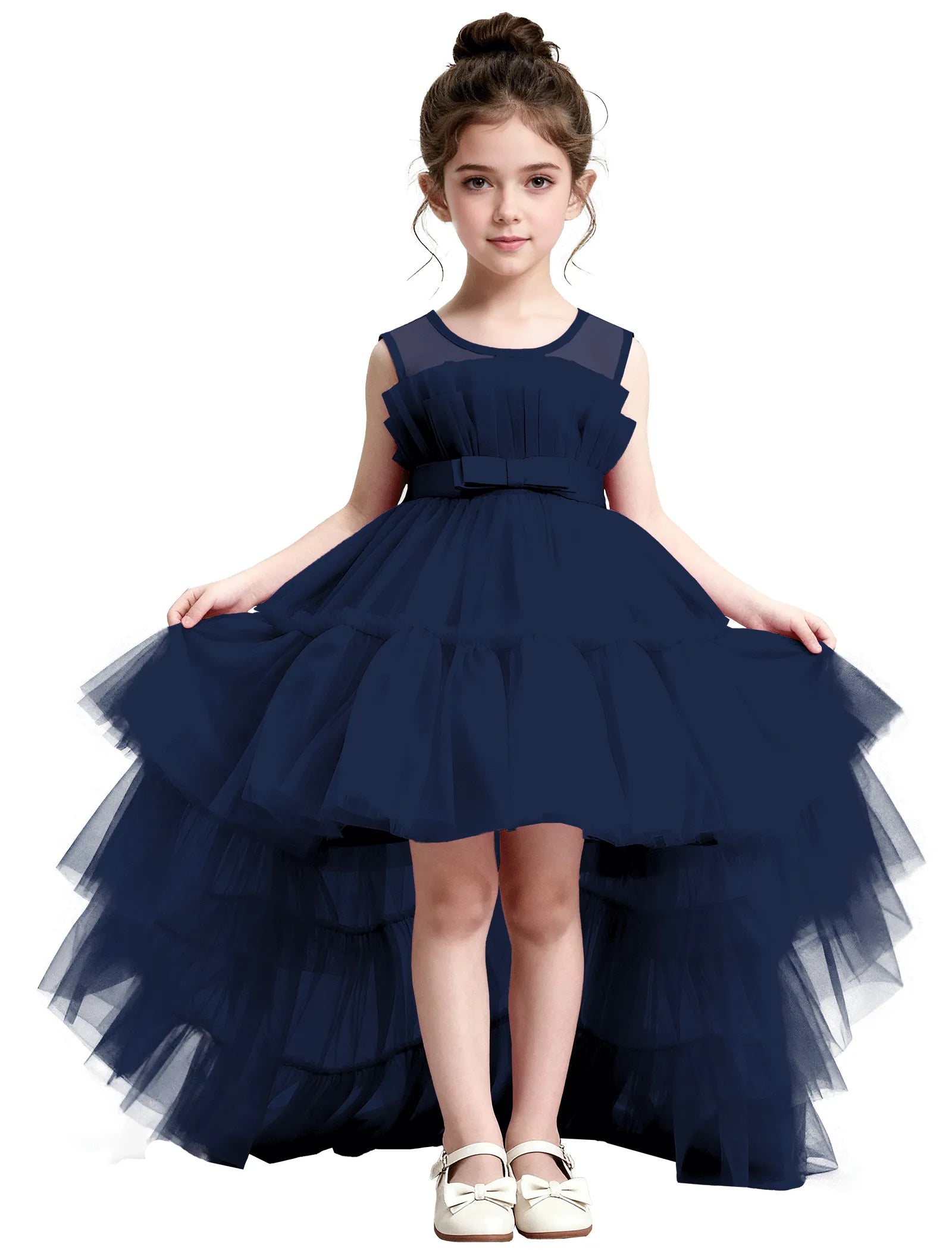 High-Low Ruffle Tulle Gown with Oversized Back Bow