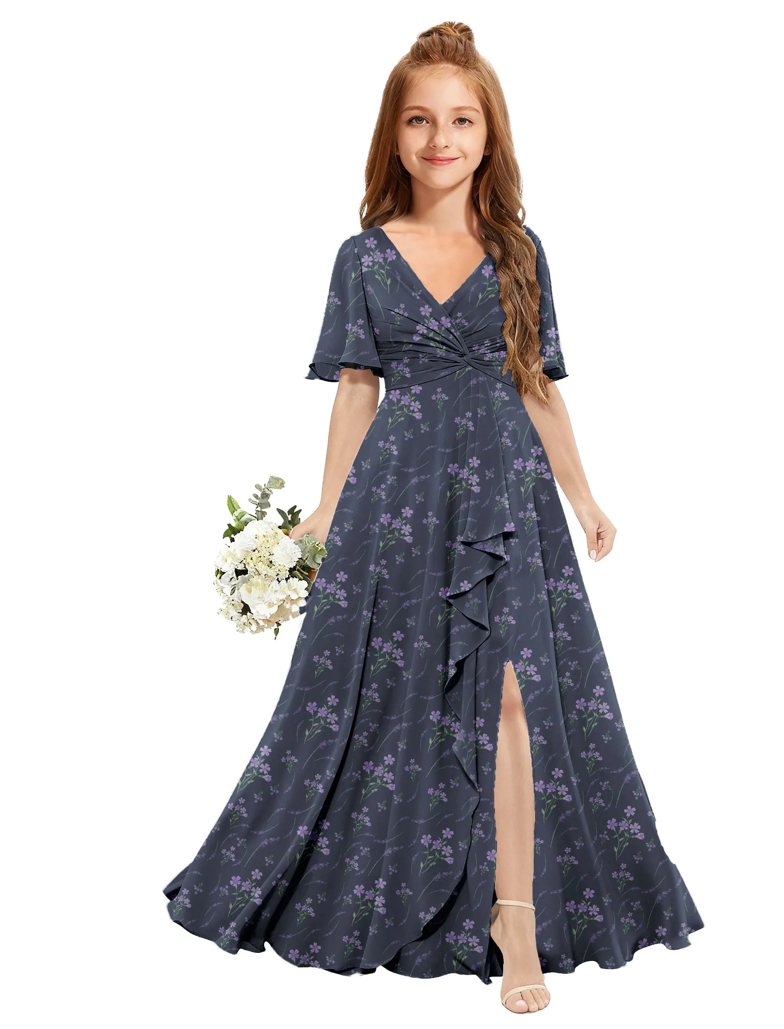 Chiffon Flutter Sleeve Floral Dress for Girls